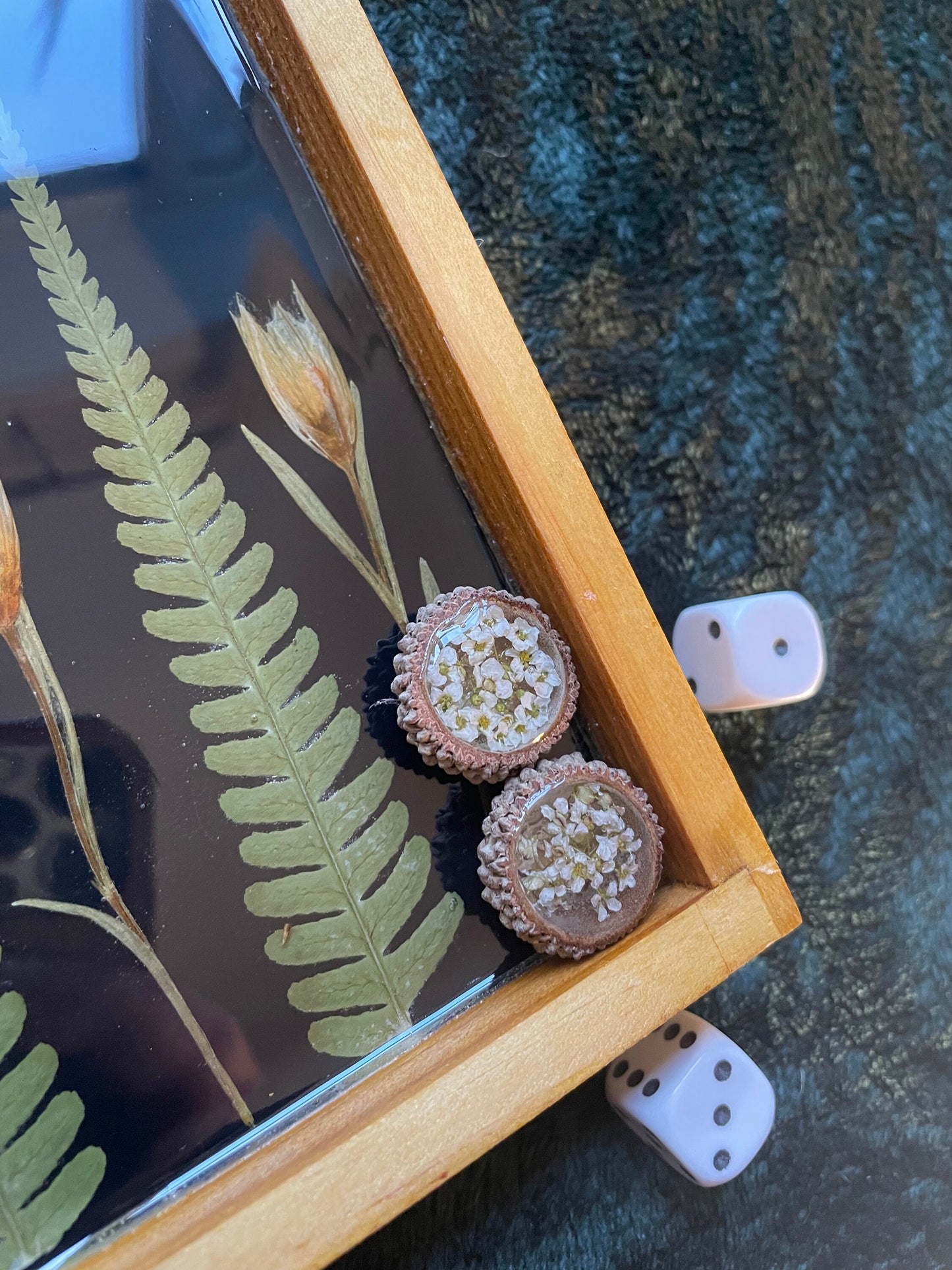 PRE ORDER backgammon board, w pressed leaves including ferns and lily flowers acorn counters shabby chic cottagecore fae seconds