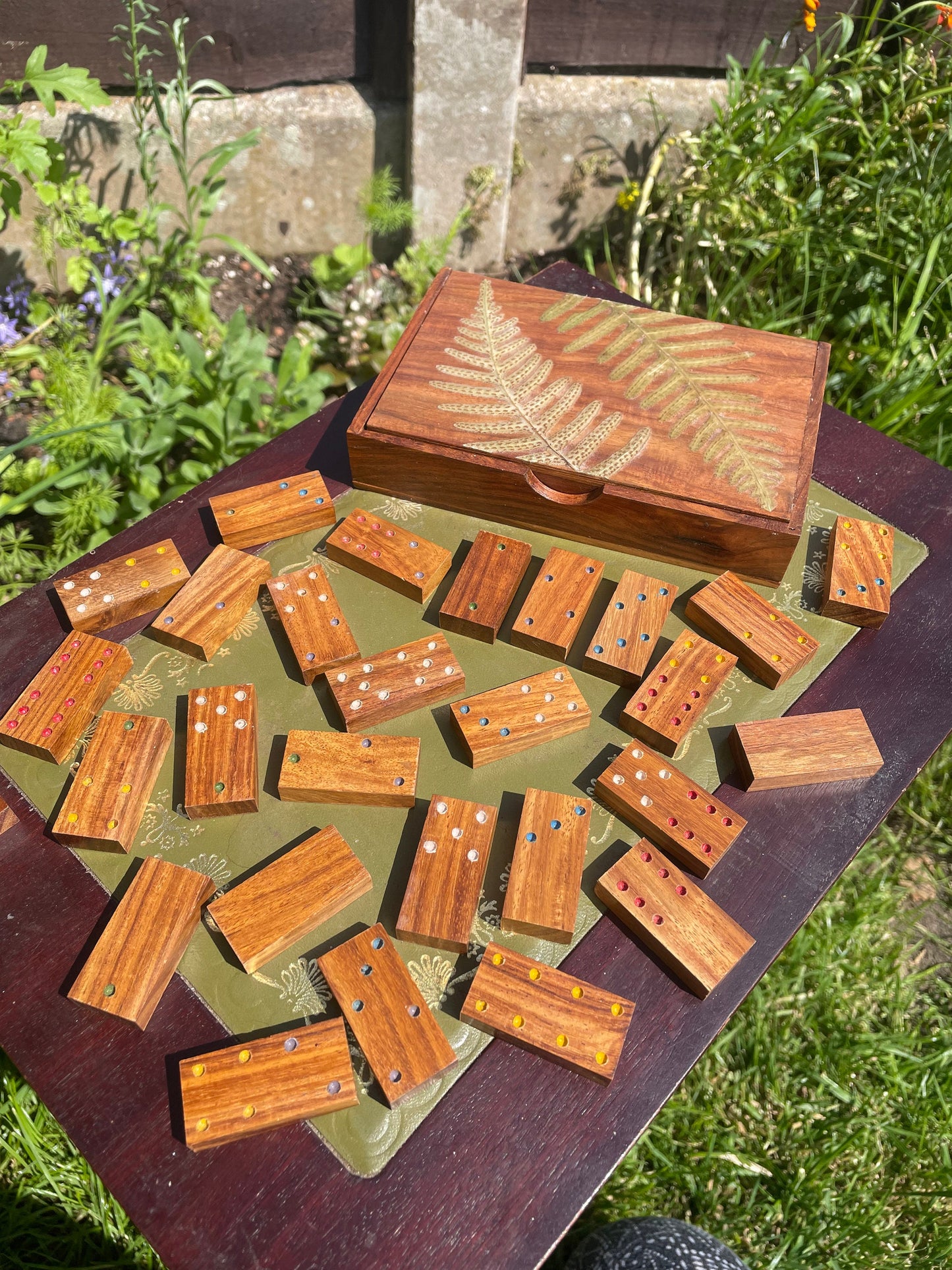 Botanical dominoes box, with real polypody fern leaves cottagecore goblincore unique nature fae handmade boardgame