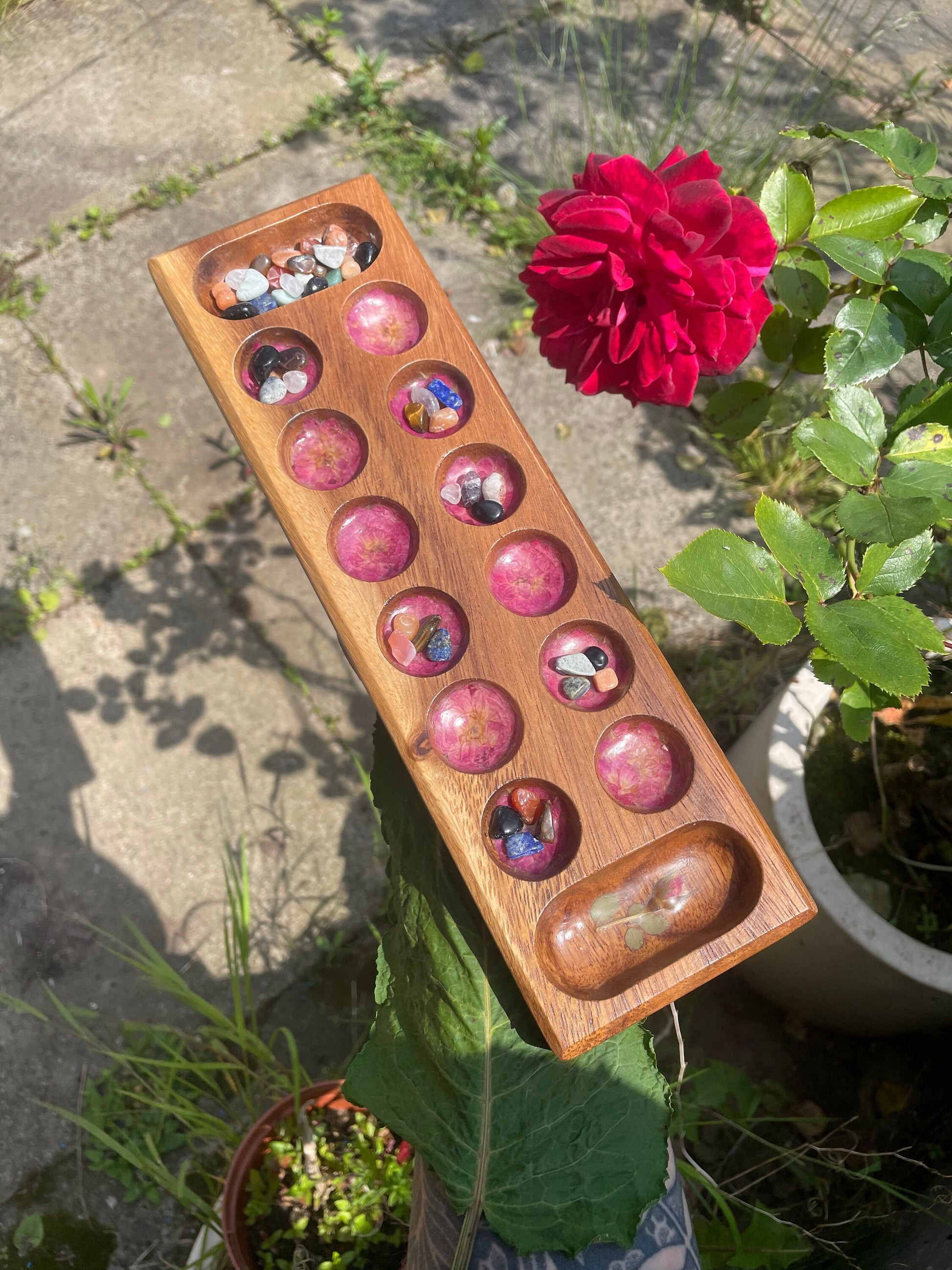 Handmade travel size Mancala board, with real Roses leaves shabby chic cottagecore goblincore unique nature