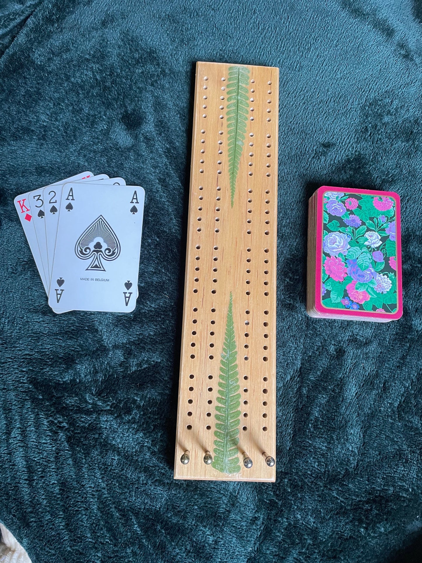 Handmade botanical Cribbage board, with real Fern leaves, shabby chic cottagecore goblincore unique nature lover card game