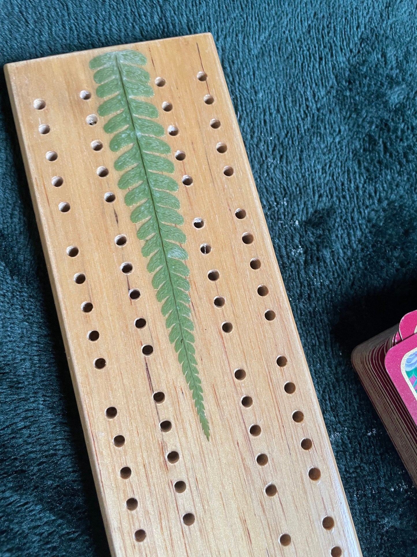 Handmade botanical Cribbage board, with real Fern leaves, shabby chic cottagecore goblincore unique nature lover card game