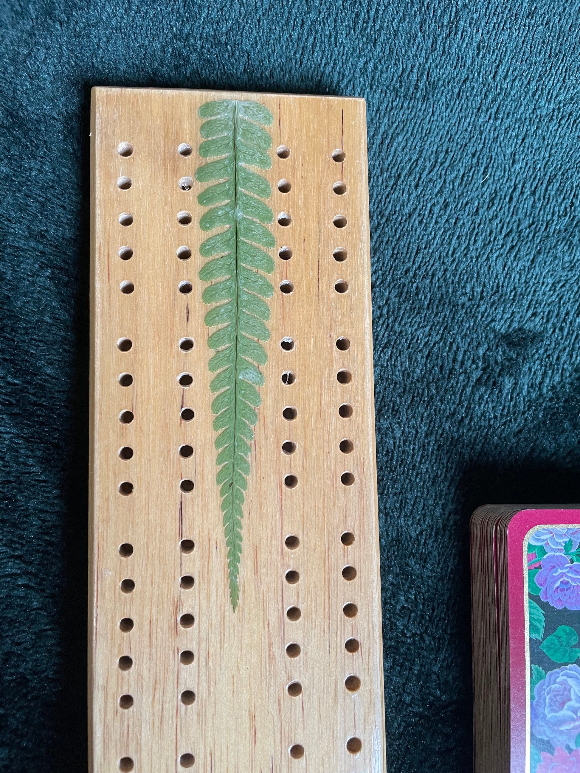 Handmade botanical Cribbage board, with real Fern leaves, shabby chic cottagecore goblincore unique nature lover card game