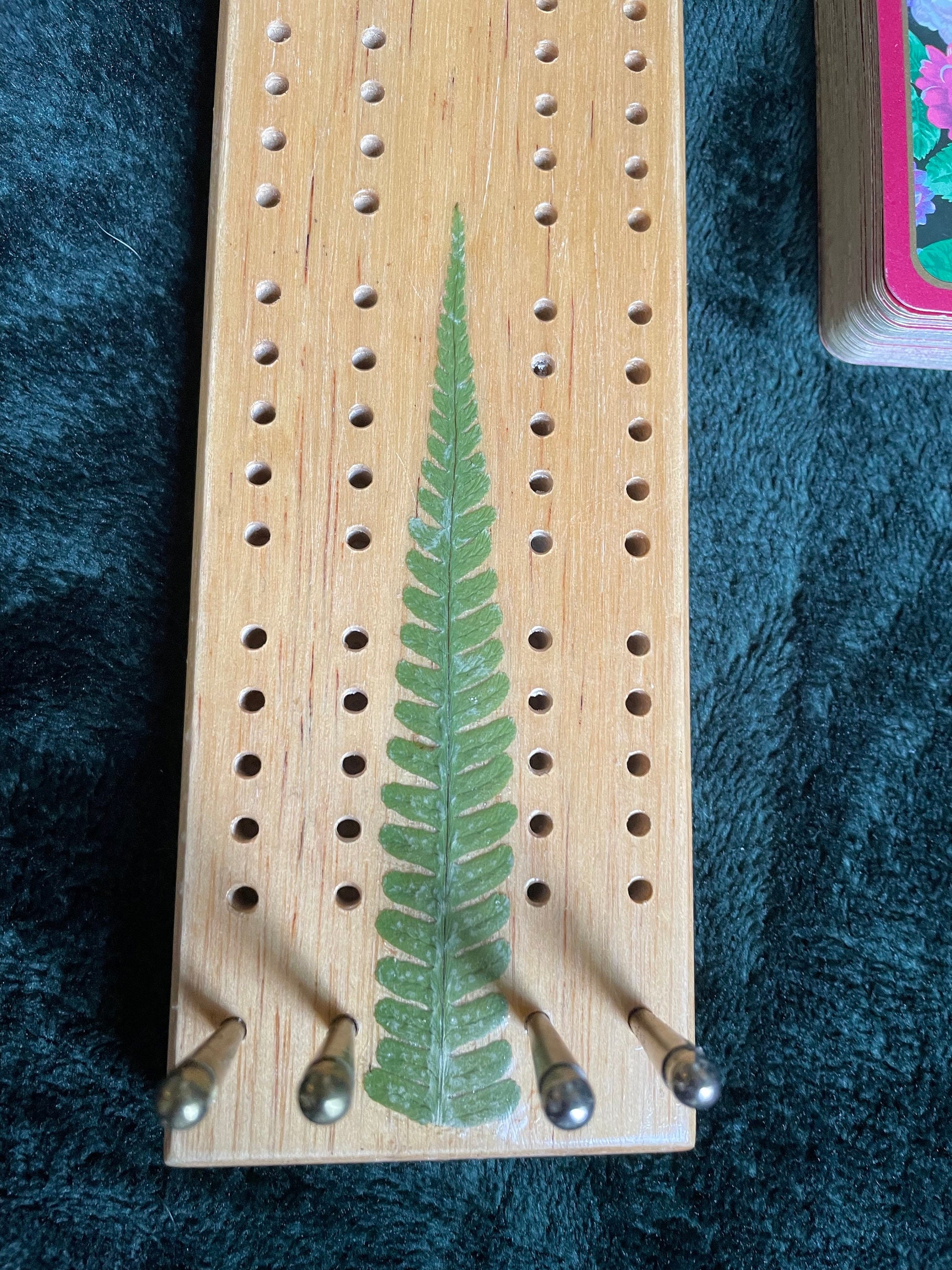 Handmade botanical Cribbage board, with real Fern leaves, shabby chic cottagecore goblincore unique nature lover card game