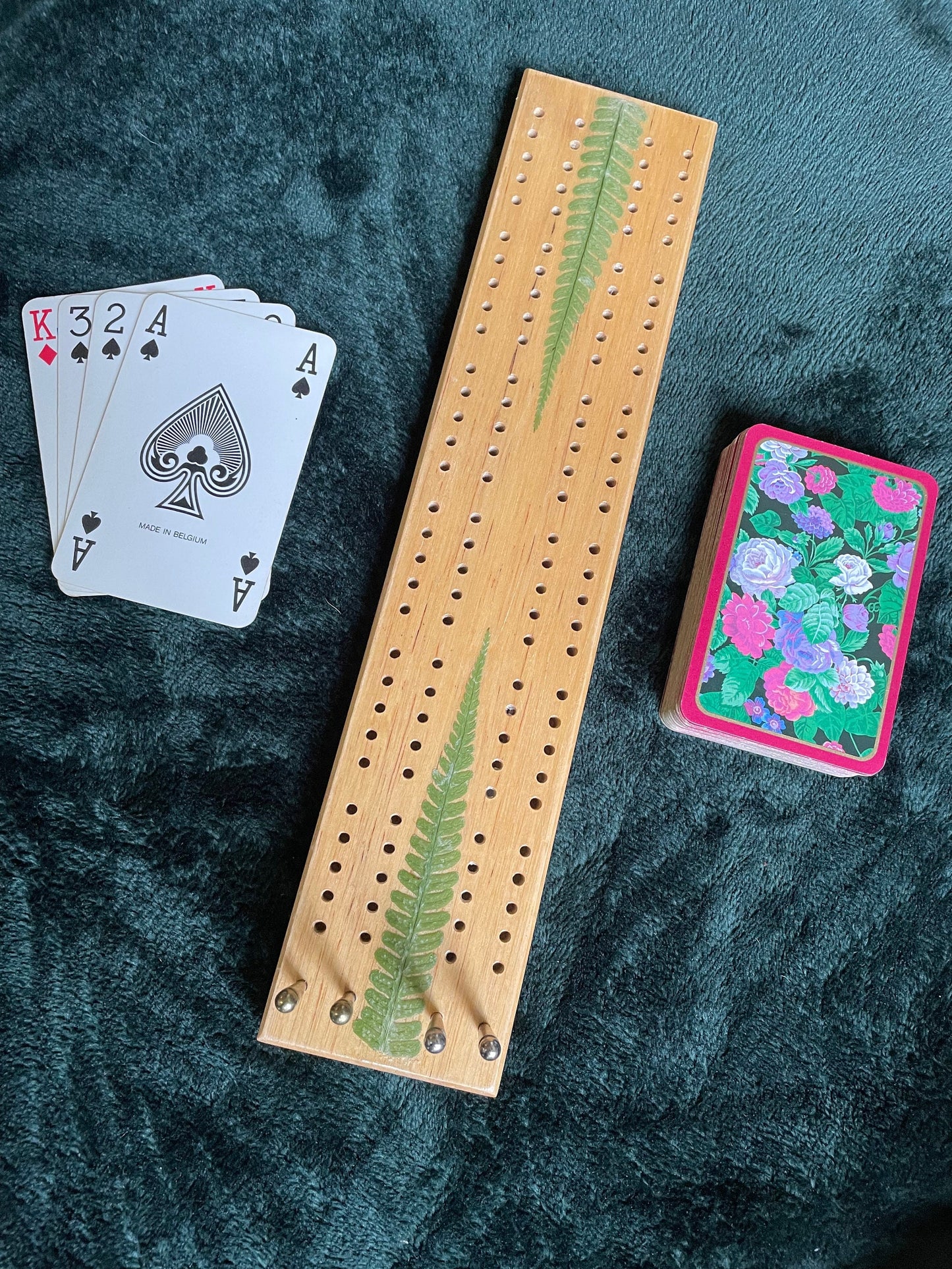 Handmade botanical Cribbage board, with real Fern leaves, shabby chic cottagecore goblincore unique nature lover card game