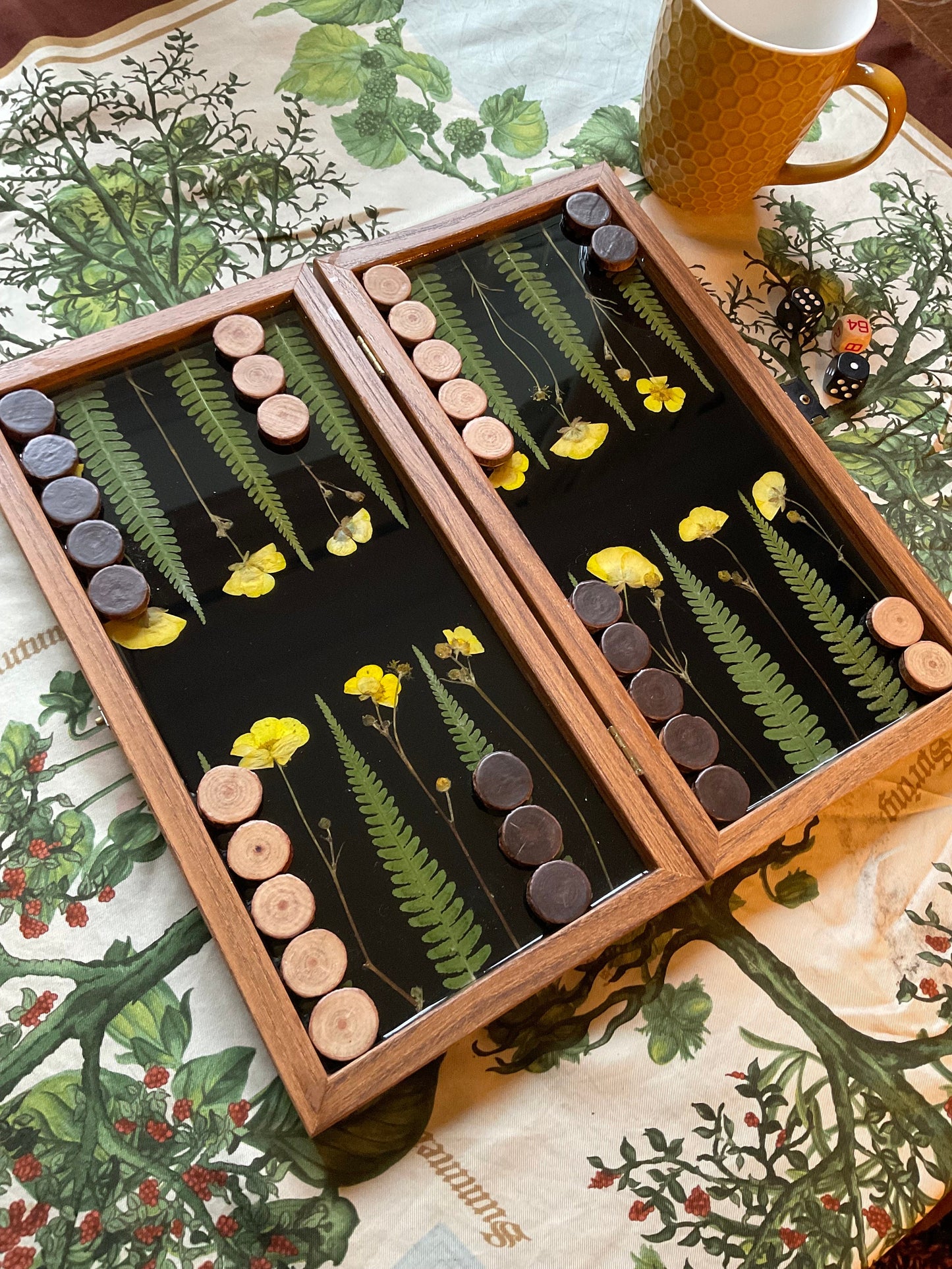 Buttercup and Fern backgammon board, with pressed leaves including ferns and buttercups, shabby chic, cottagecore goblincore unique nature