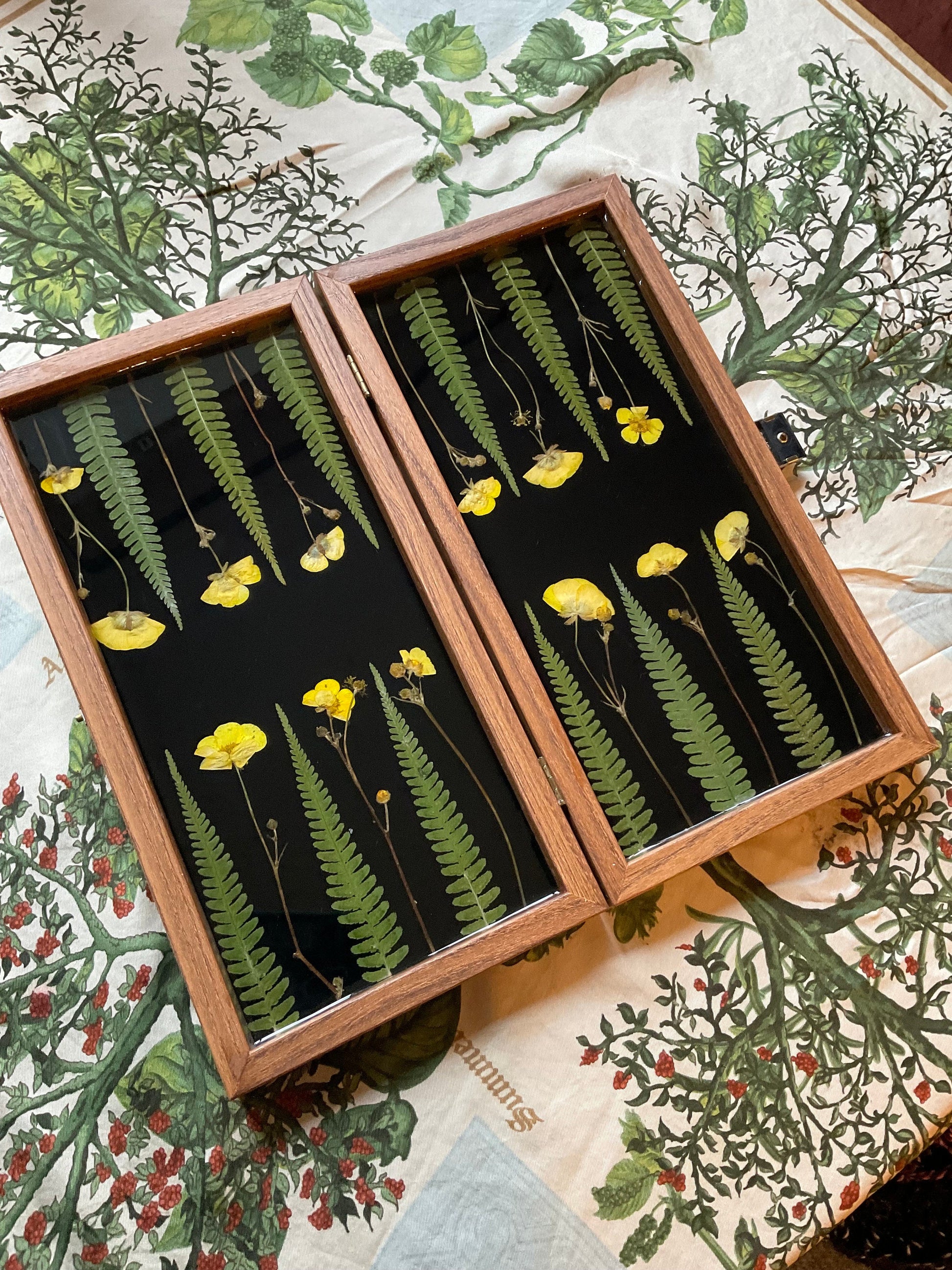 Buttercup and Fern backgammon board, with pressed leaves including ferns and buttercups, shabby chic, cottagecore goblincore unique nature