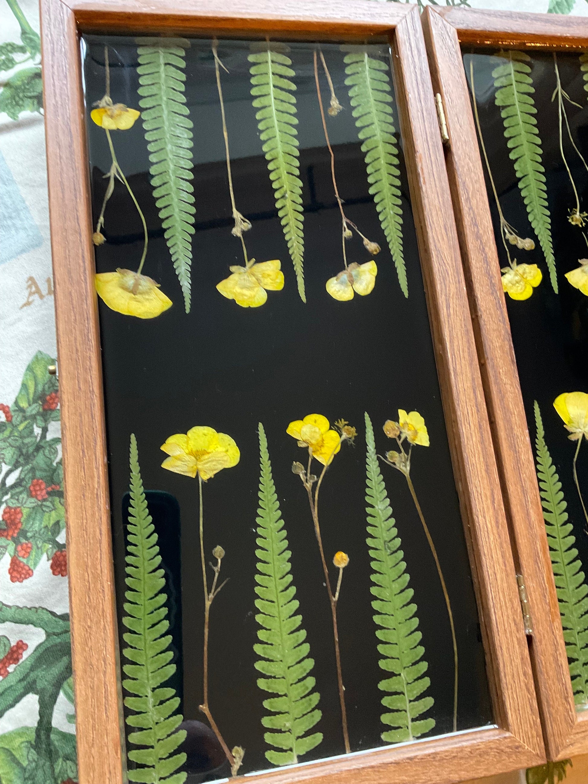 Buttercup and Fern backgammon board, with pressed leaves including ferns and buttercups, shabby chic, cottagecore goblincore unique nature