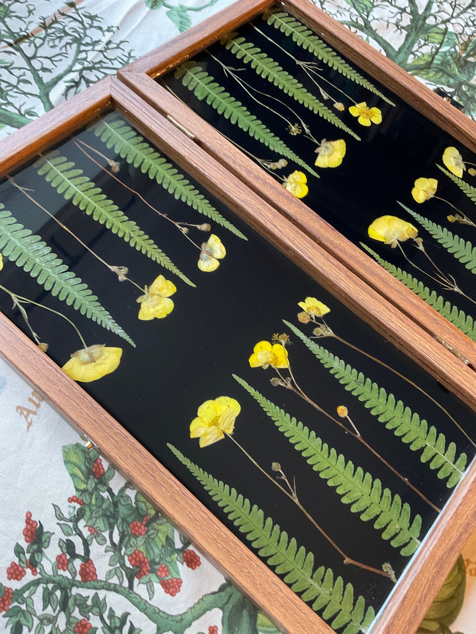 Buttercup and Fern backgammon board, with pressed leaves including ferns and buttercups, shabby chic, cottagecore goblincore unique nature