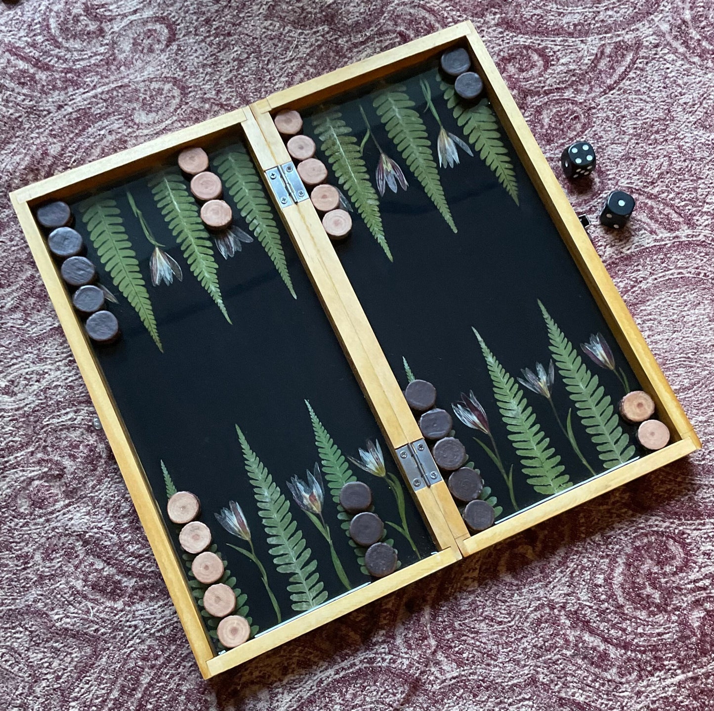 PRE ORDER backgammon board, w pressed leaves including ferns and lily flowers acorn counters shabby chic cottagecore fae seconds