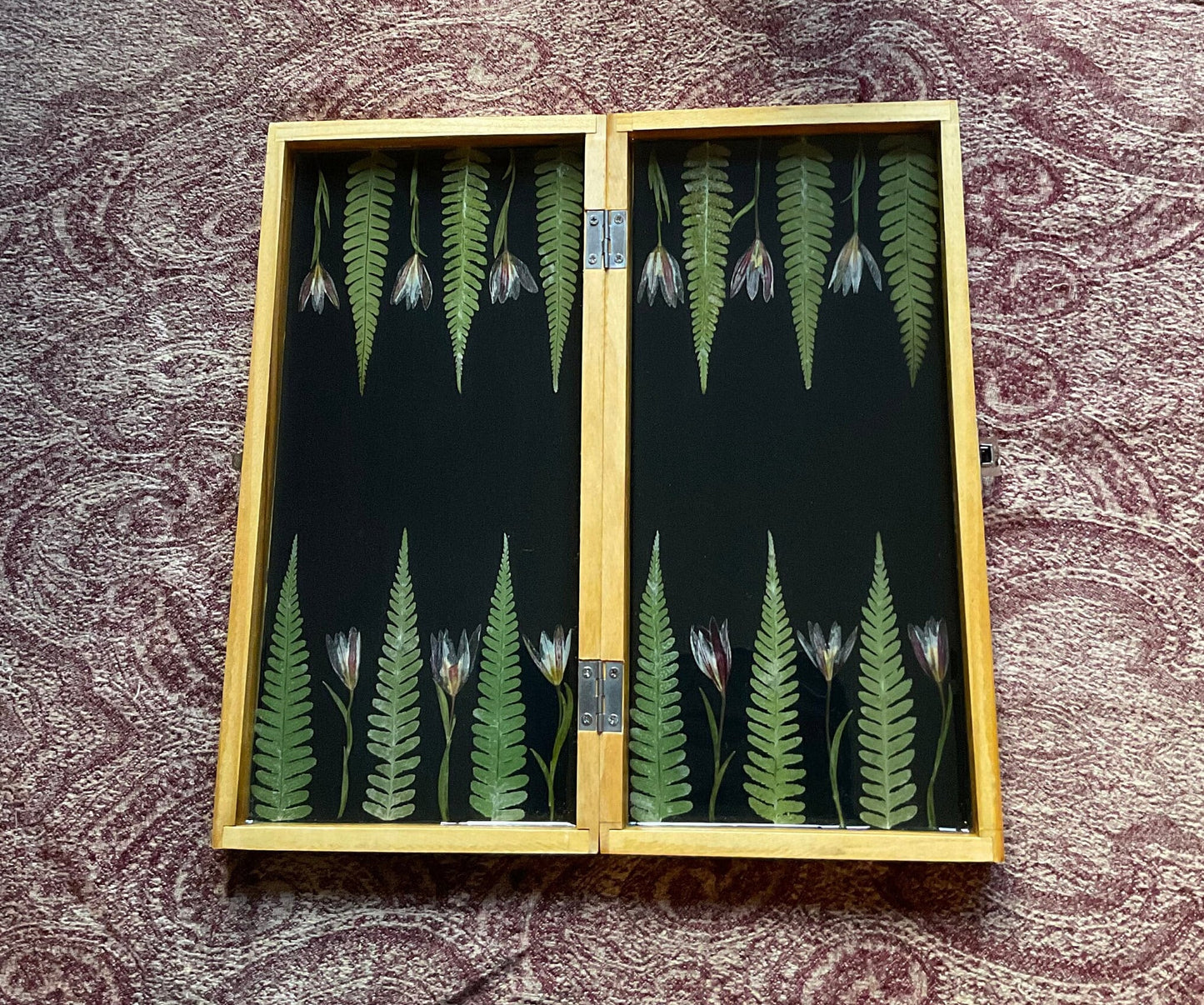 PRE ORDER backgammon board, w pressed leaves including ferns and lily flowers acorn counters shabby chic cottagecore fae seconds