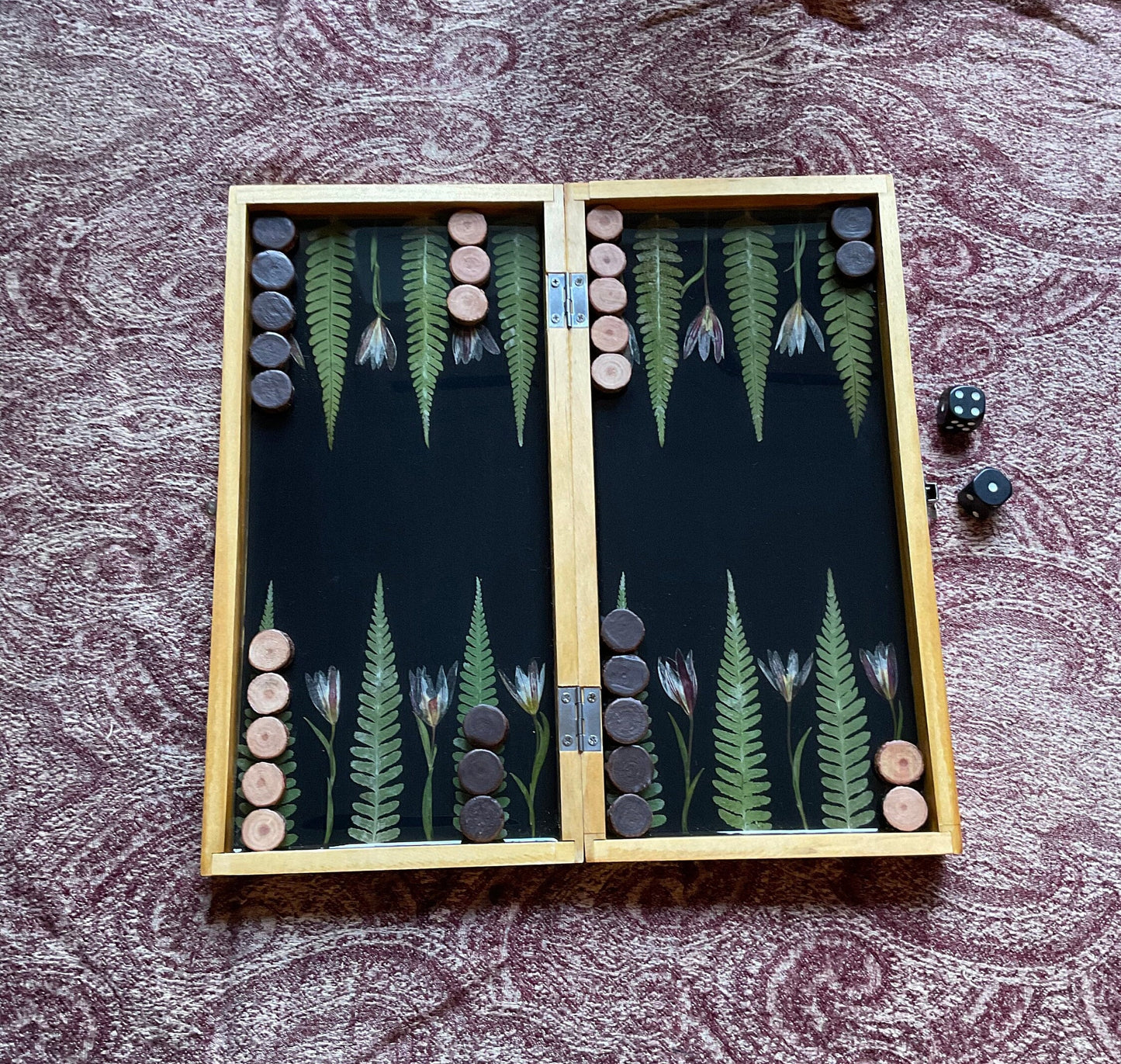 PRE ORDER backgammon board, w pressed leaves including ferns and lily flowers acorn counters shabby chic cottagecore fae seconds