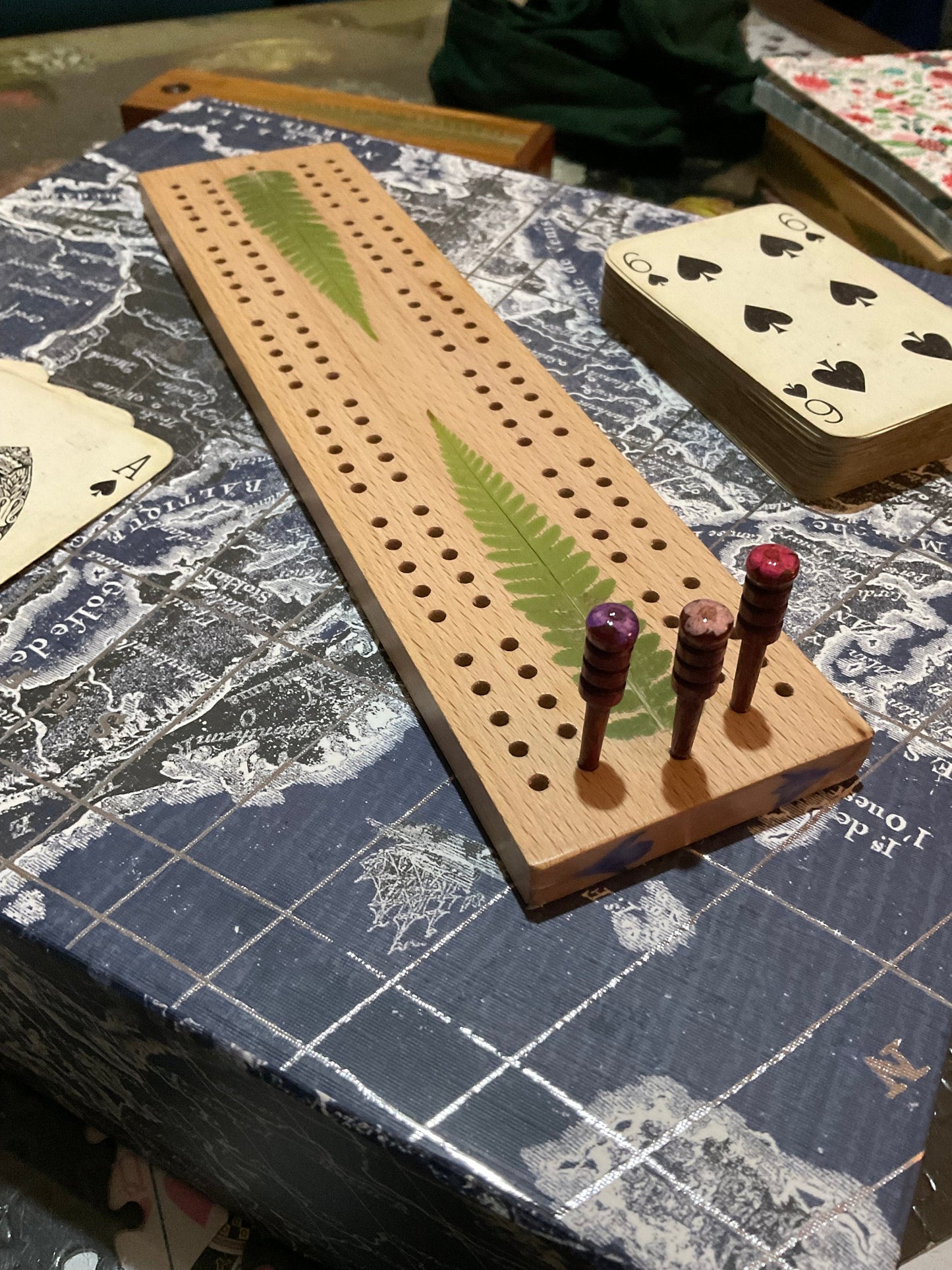 botanical Cribbage board, with real Fern leaves and blossom flowers shabby chic cottagecore goblincore unique nature handmade