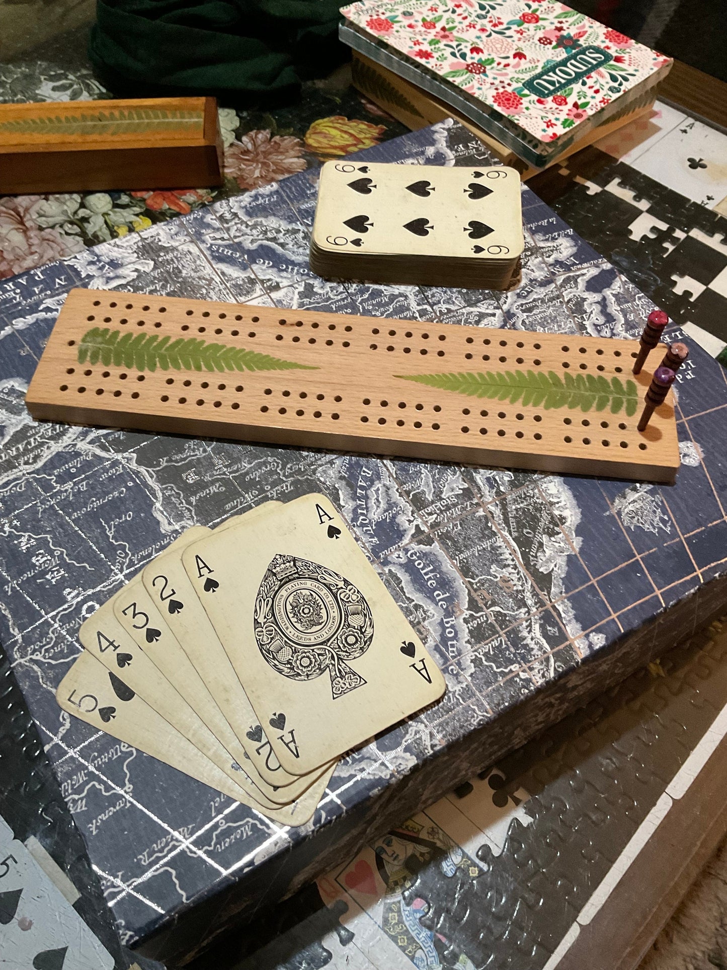 botanical Cribbage board, with real Fern leaves and blossom flowers shabby chic cottagecore goblincore unique nature handmade