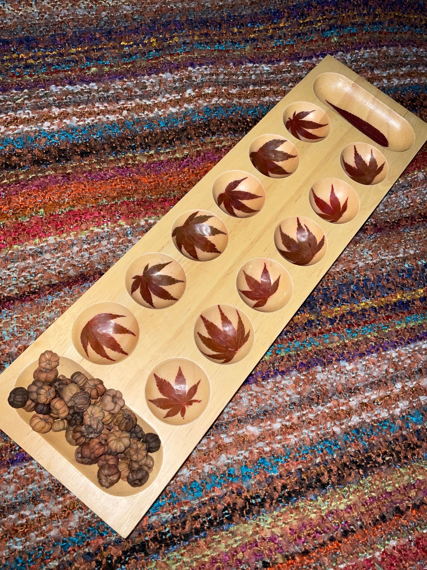 Handmade Mancala board, with real preserved Aster and sumac leaves, pumpkin pod counter B Grade cottagecore goblincore unique Canada gift