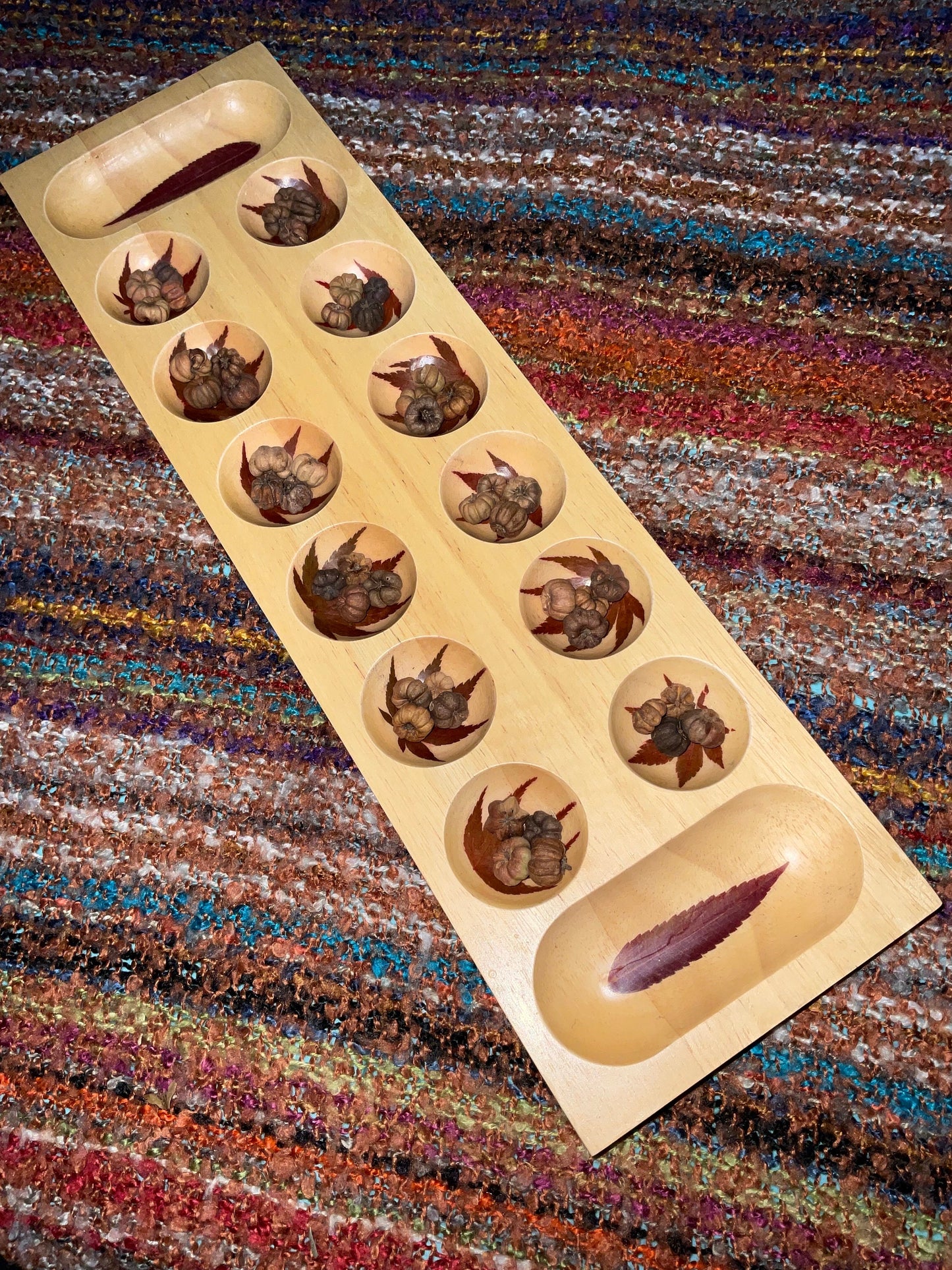 Handmade Mancala board, with real preserved Aster and sumac leaves, pumpkin pod counter B Grade cottagecore goblincore unique Canada gift