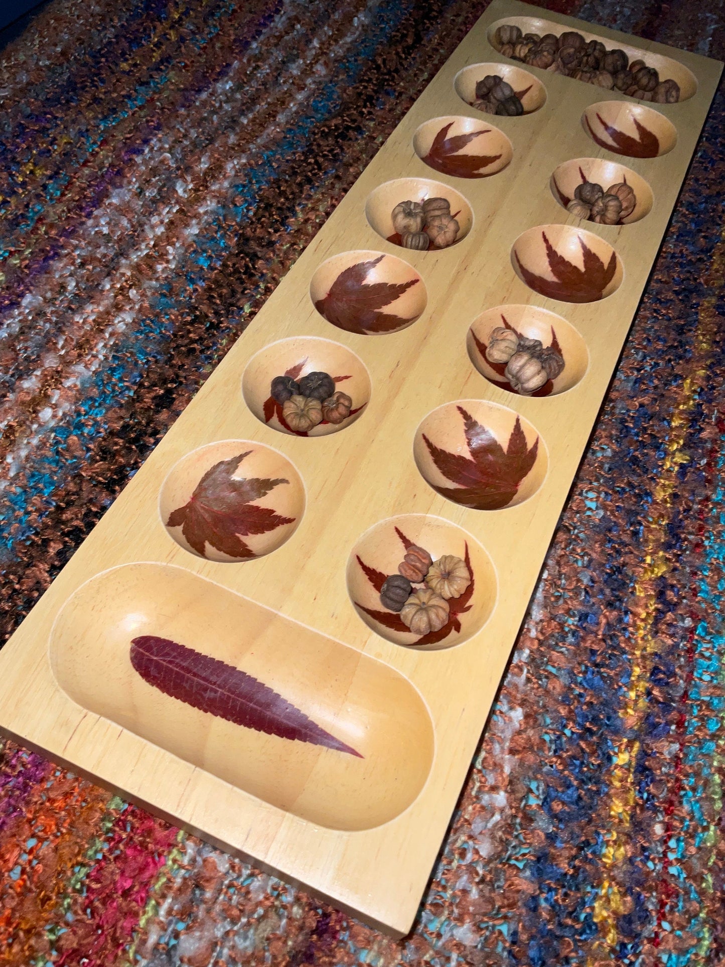 Handmade Mancala board, with real preserved Aster and sumac leaves, pumpkin pod counter B Grade cottagecore goblincore unique Canada gift