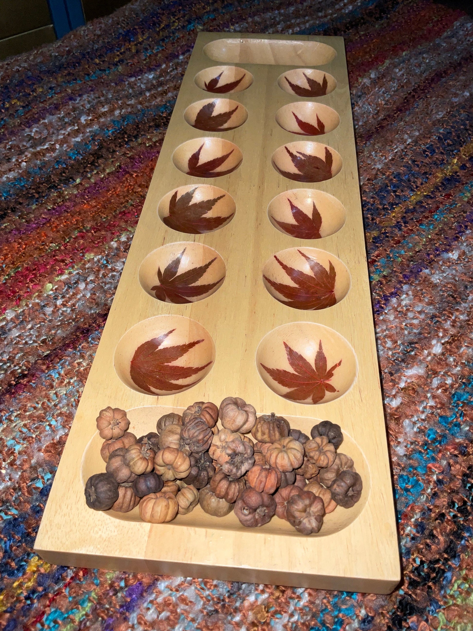 Handmade Mancala board, with real preserved Aster and sumac leaves, pumpkin pod counter B Grade cottagecore goblincore unique Canada gift