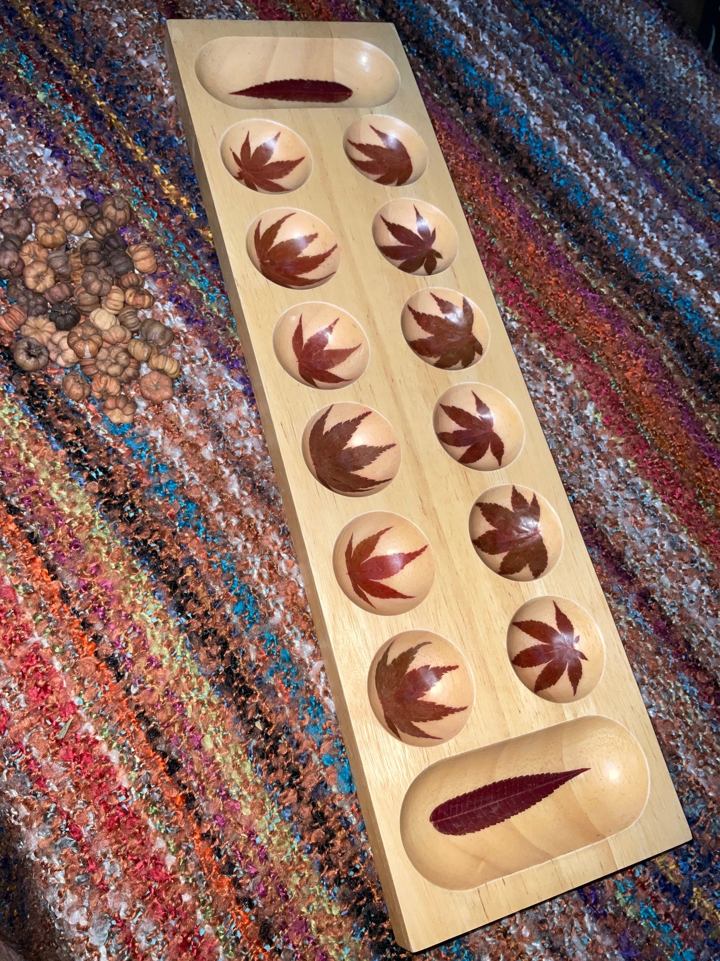 Handmade Mancala board, with real preserved Aster and sumac leaves, pumpkin pod counter B Grade cottagecore goblincore unique Canada gift