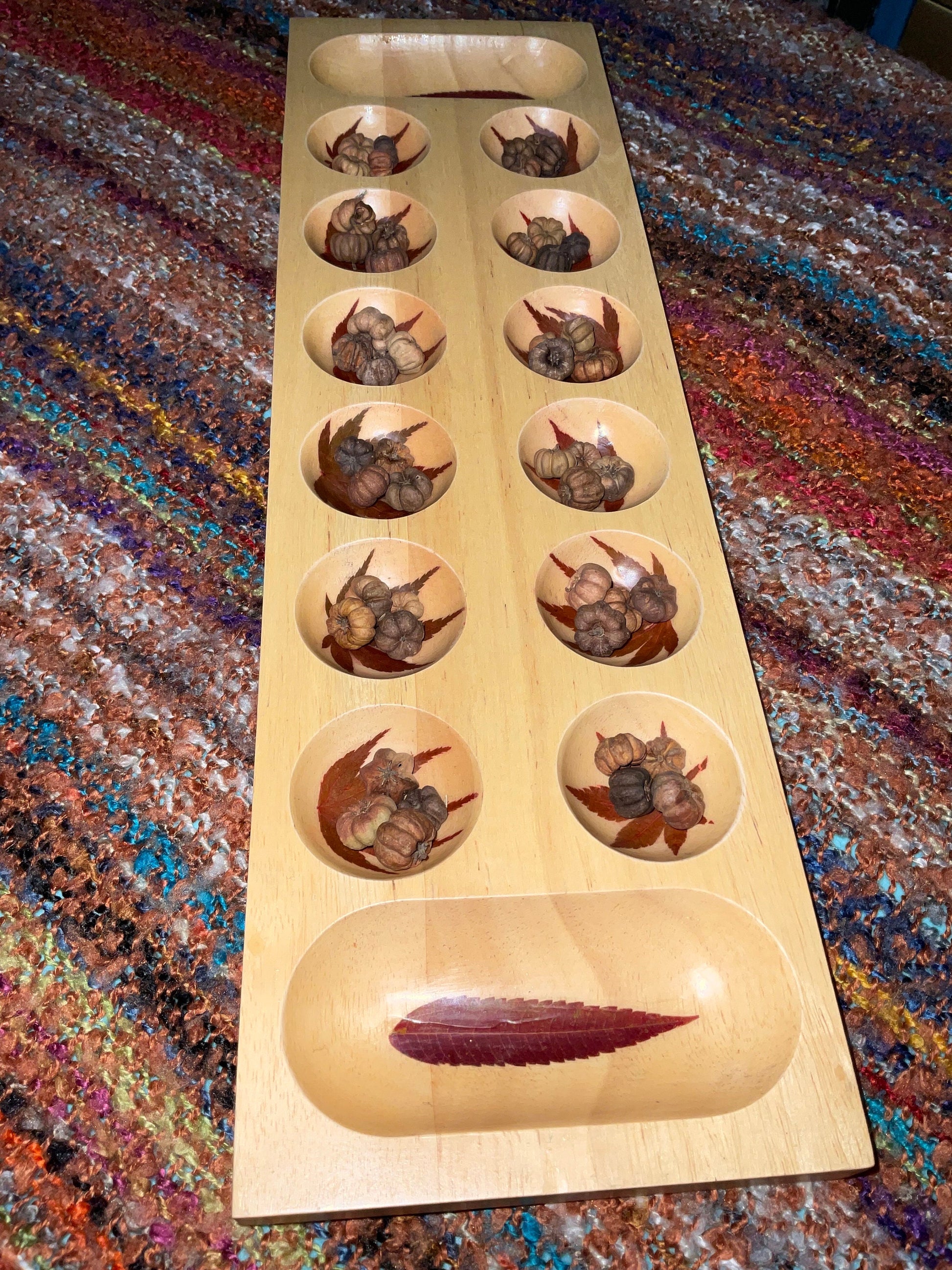 Handmade Mancala board, with real preserved Aster and sumac leaves, pumpkin pod counter B Grade cottagecore goblincore unique Canada gift