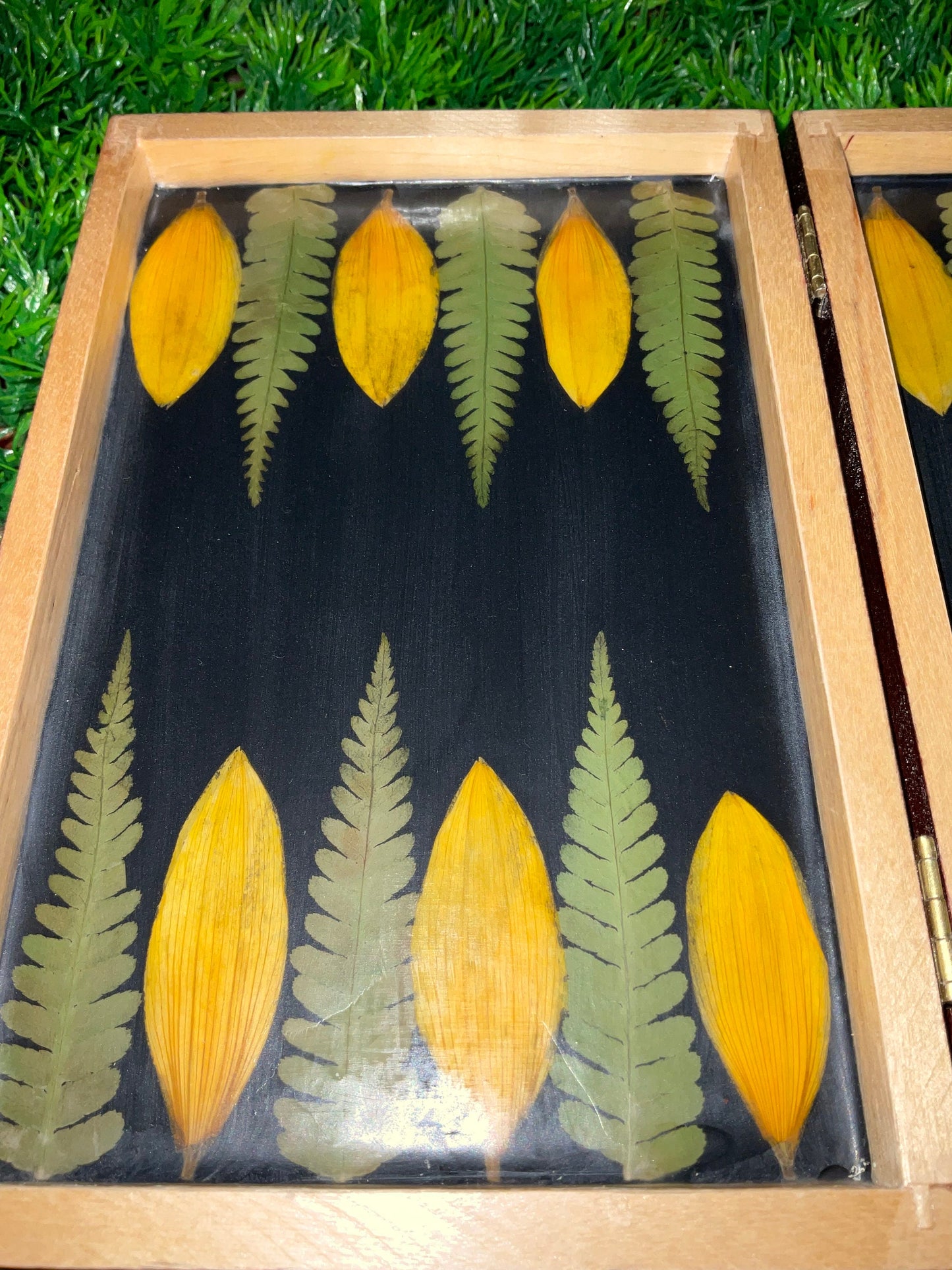 Travel size botanical backgammon board, with pressed fern leaves & Sunflower B grade tiny shabby chic cottagecore goblincore unique flower