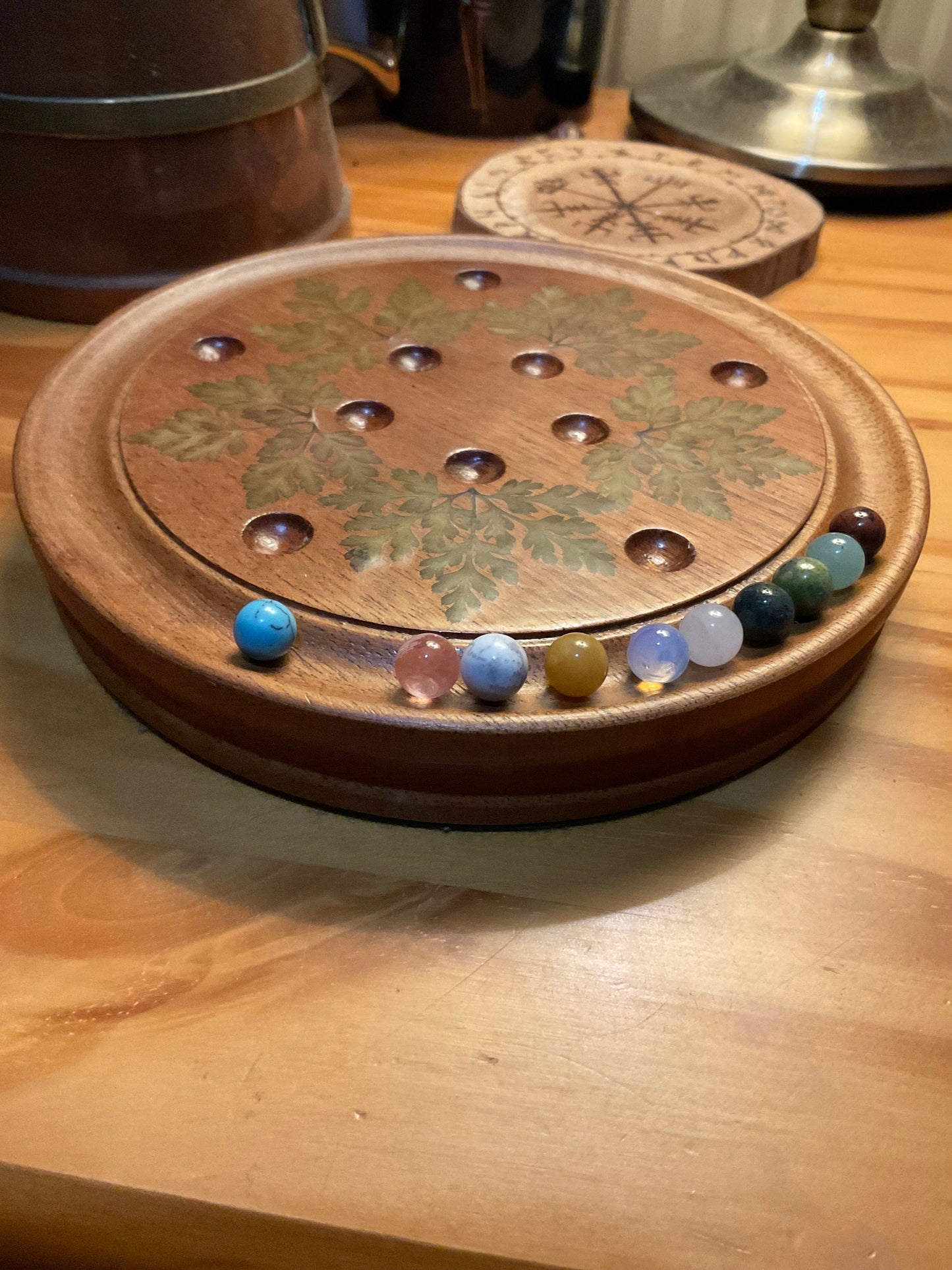 Botanical Pentagon solitaire pentagram board, with preserved herb Robert, gemstone counter cottagecore goblincore unique nature