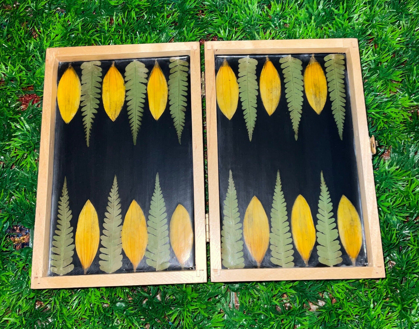 Travel size botanical backgammon board, with pressed fern leaves & Sunflower B grade tiny shabby chic cottagecore goblincore unique flower