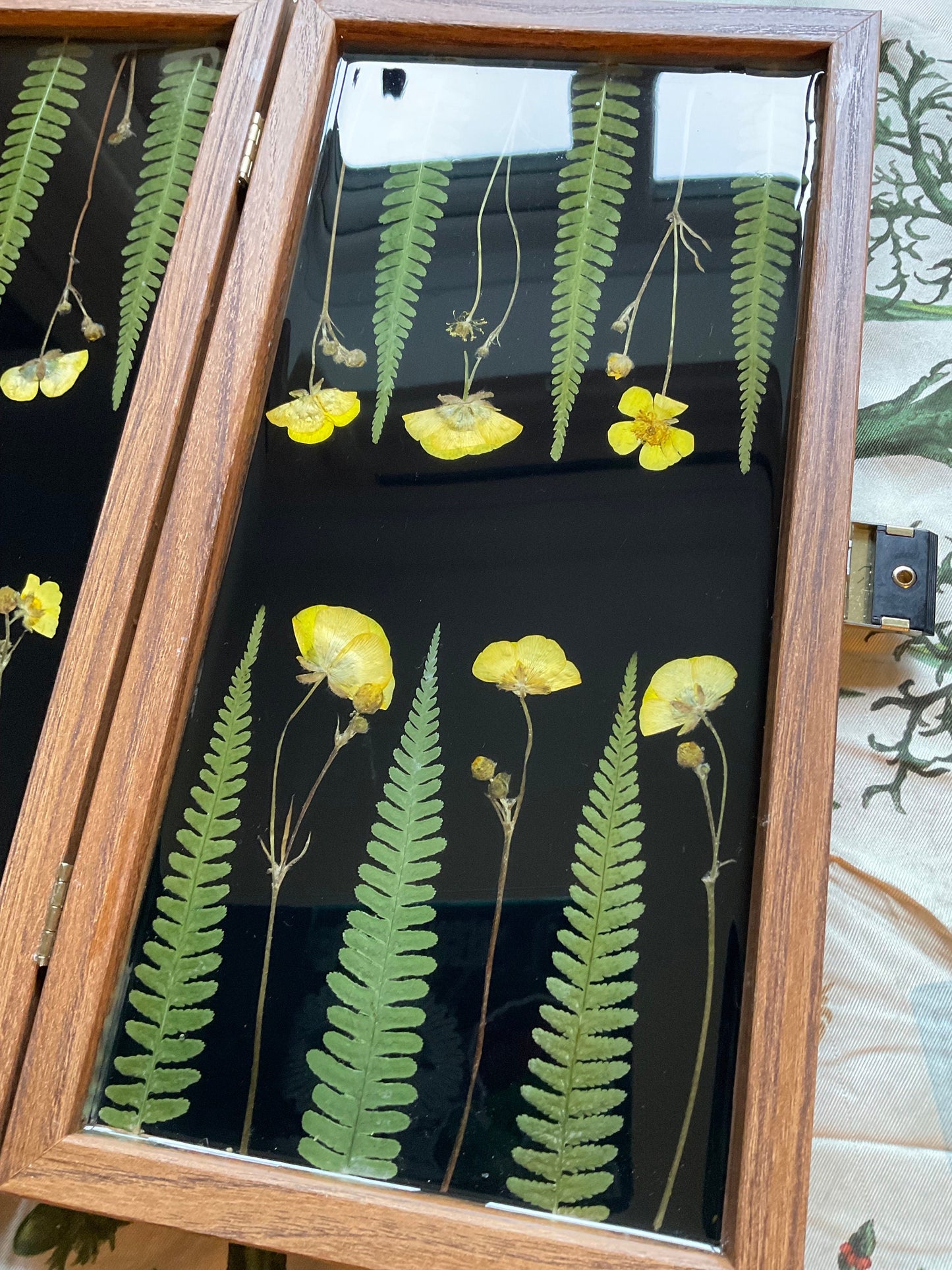 Buttercup and Fern backgammon board, with pressed leaves including ferns and buttercups, shabby chic, cottagecore goblincore unique nature