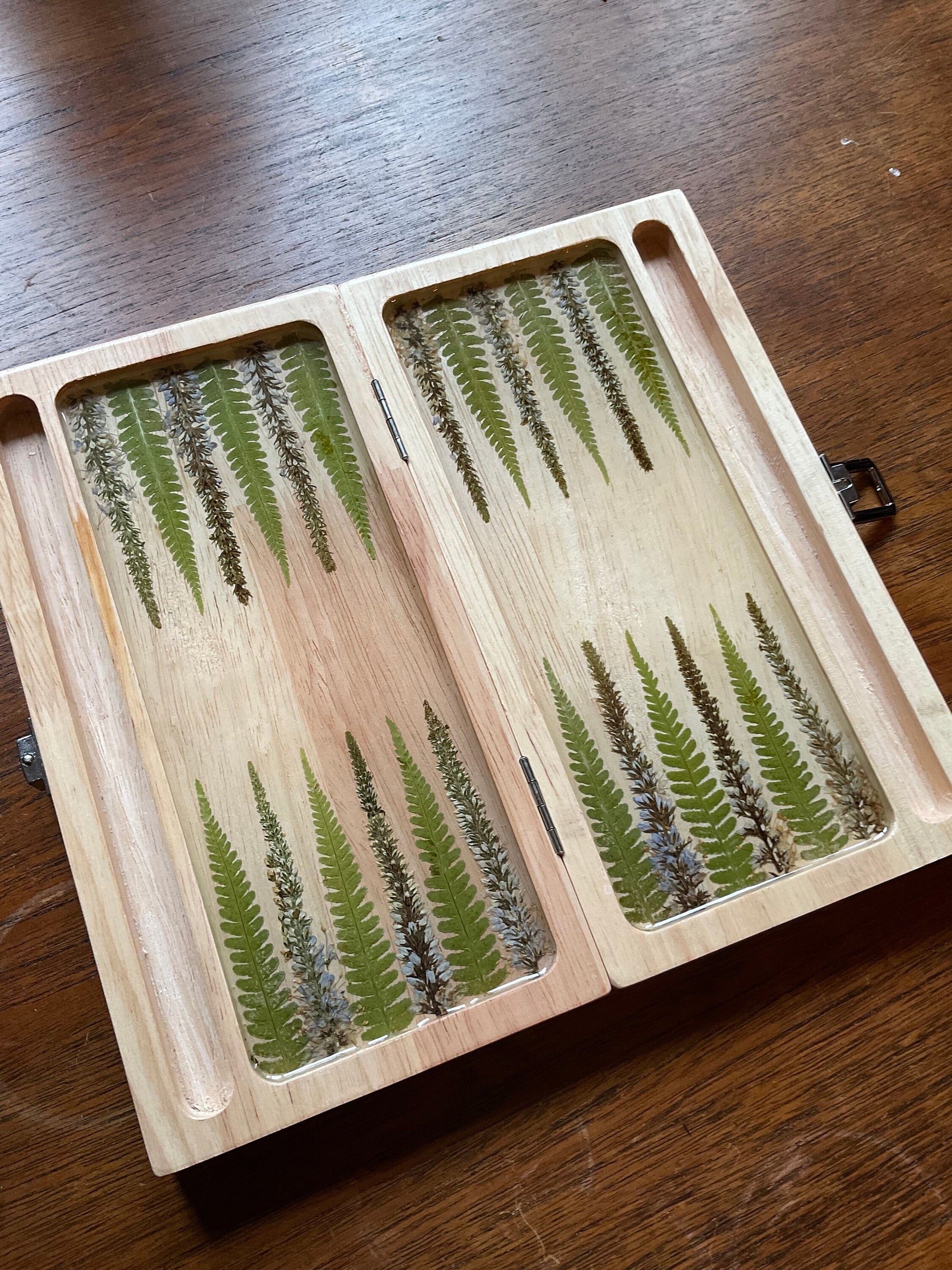 PRE-ORDER botanical backgammon board, with pressed leaves including ferns & veronica flowers cottagecore goblincore unique nature