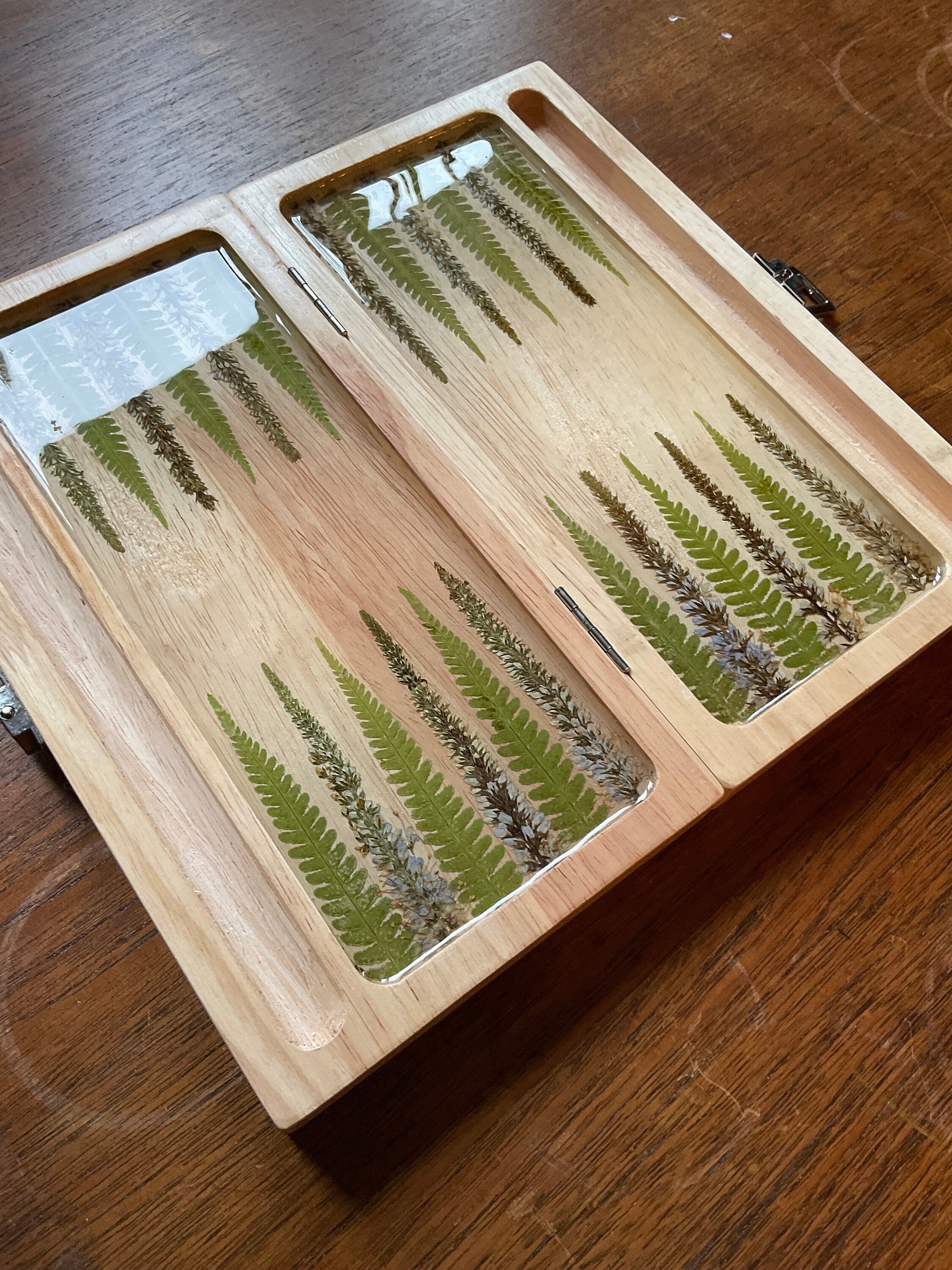 PRE-ORDER botanical backgammon board, with pressed leaves including ferns & veronica flowers cottagecore goblincore unique nature