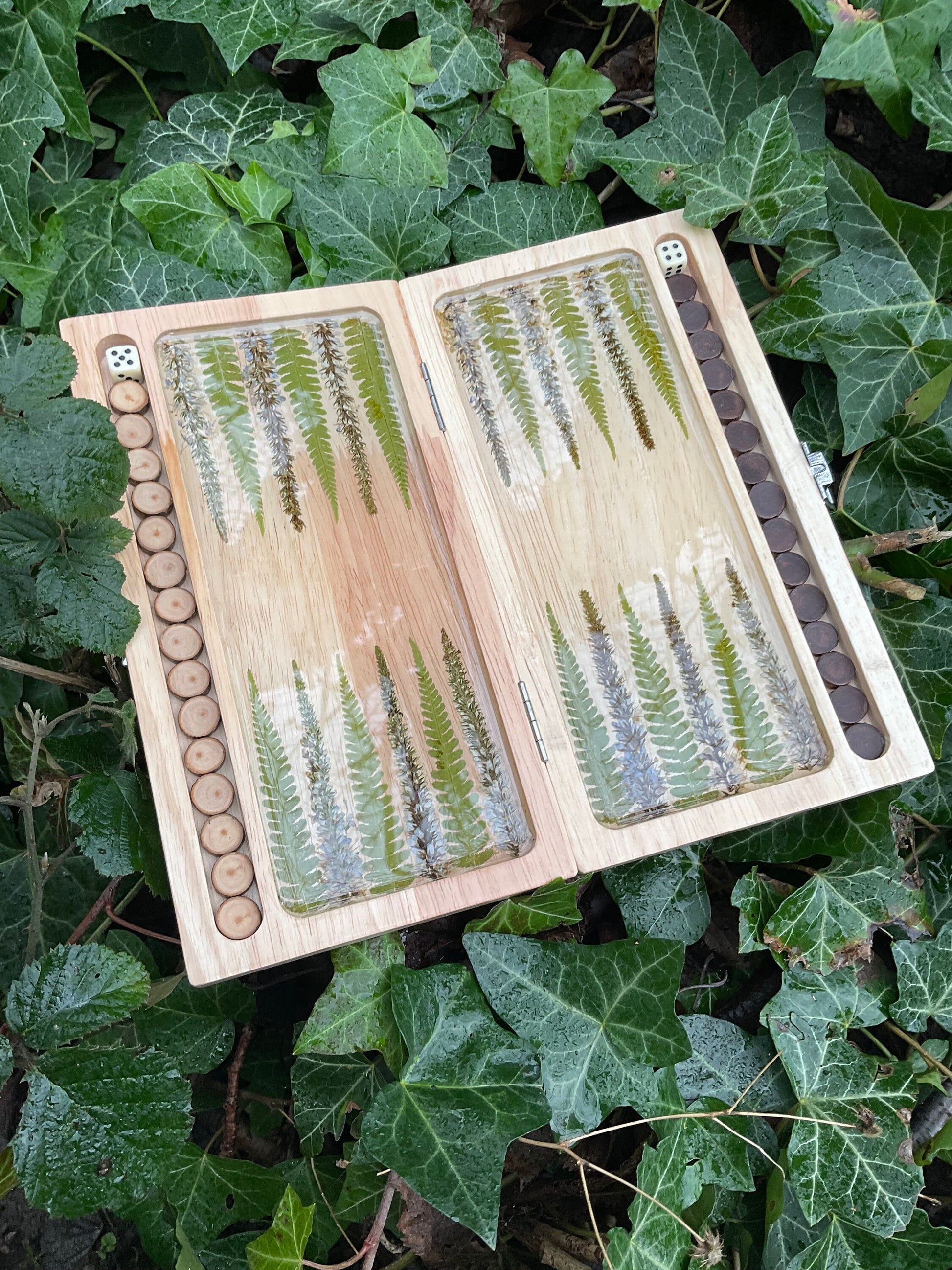 PRE-ORDER botanical backgammon board, with pressed leaves including ferns & veronica flowers cottagecore goblincore unique nature