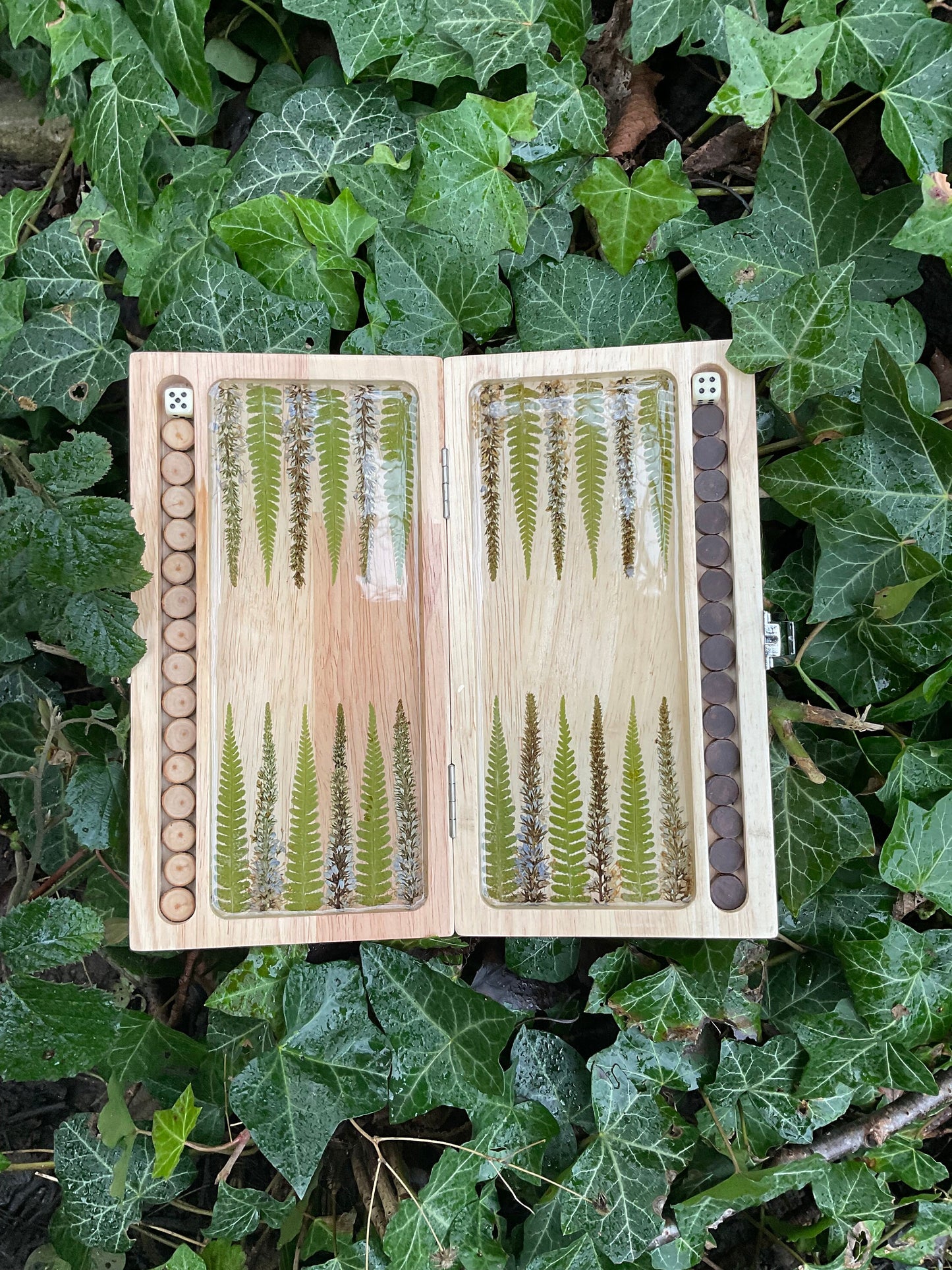 PRE-ORDER botanical backgammon board, with pressed leaves including ferns & veronica flowers cottagecore goblincore unique nature