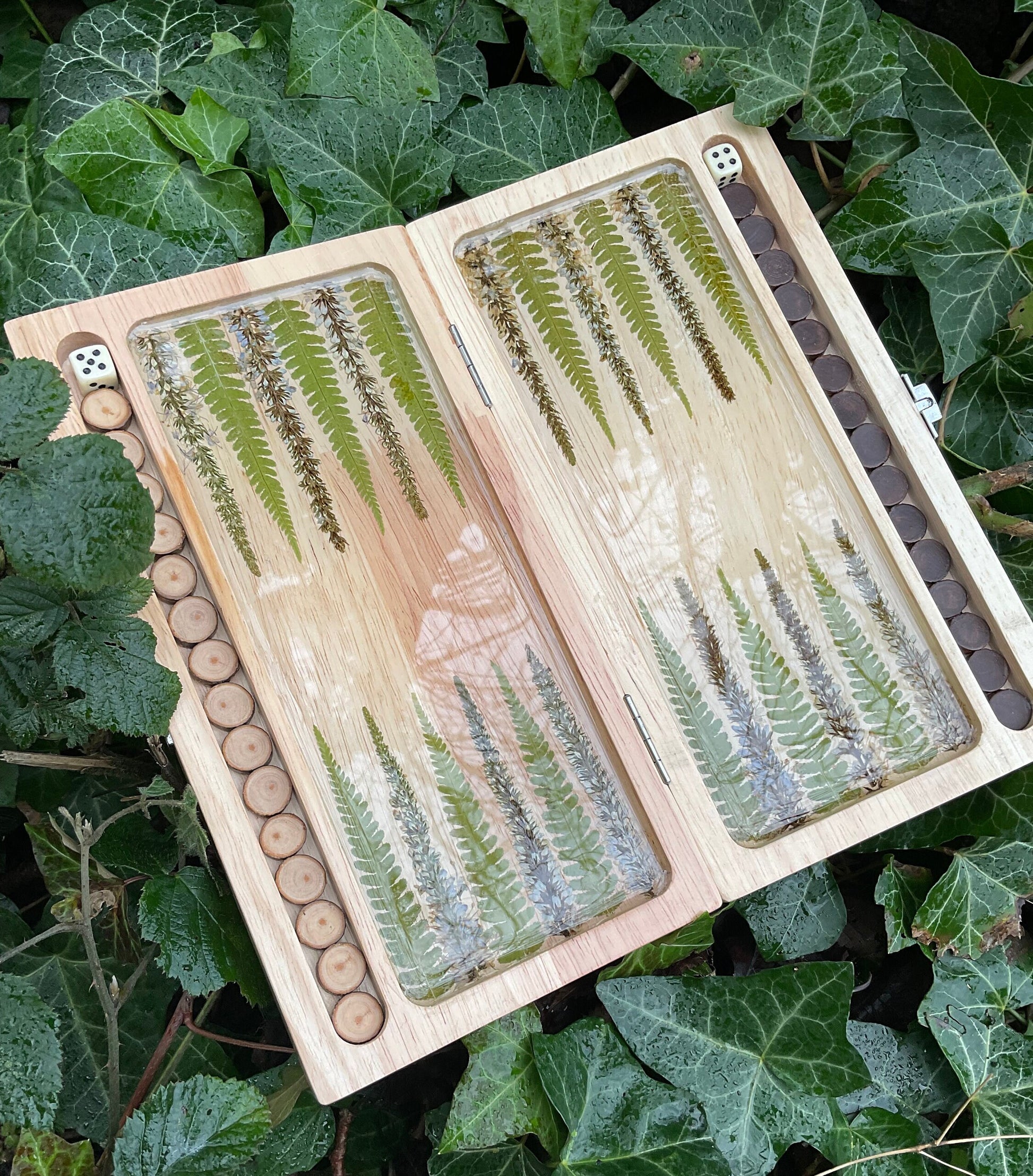 PRE-ORDER botanical backgammon board, with pressed leaves including ferns & veronica flowers cottagecore goblincore unique nature