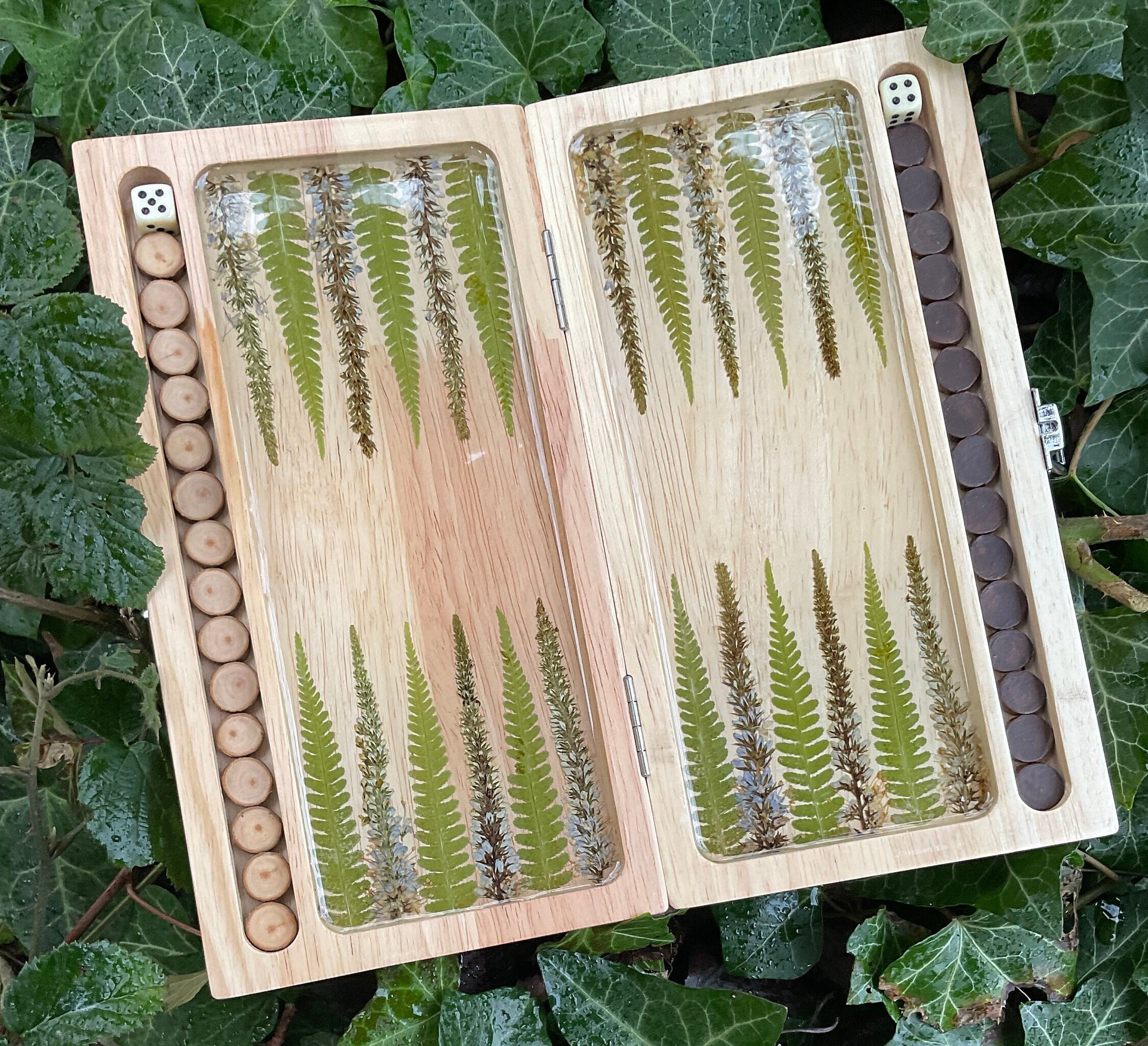 PRE-ORDER botanical backgammon board, with pressed leaves including ferns & veronica flowers cottagecore goblincore unique nature