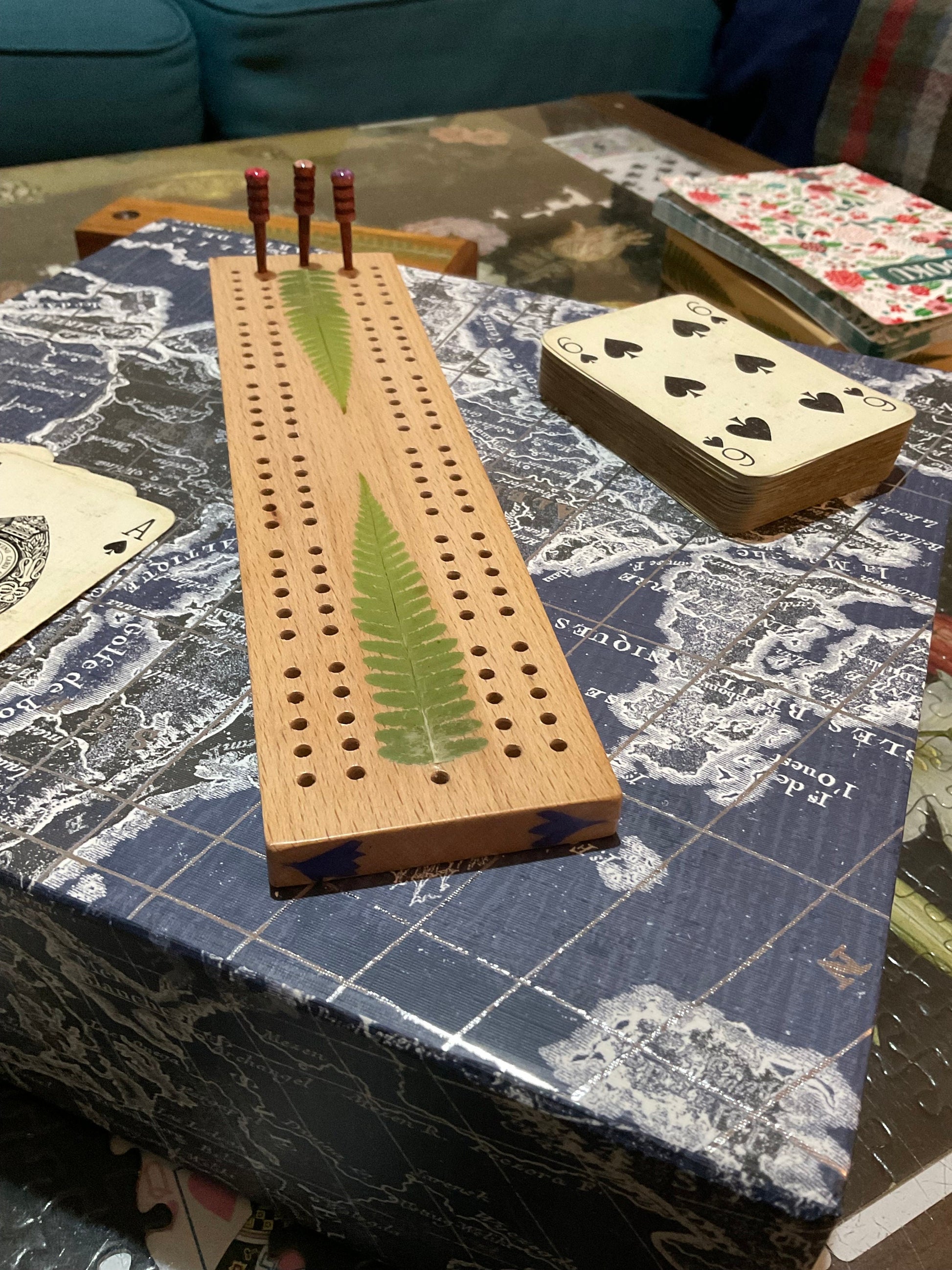 botanical Cribbage board, with real Fern leaves and blossom flowers shabby chic cottagecore goblincore unique nature handmade