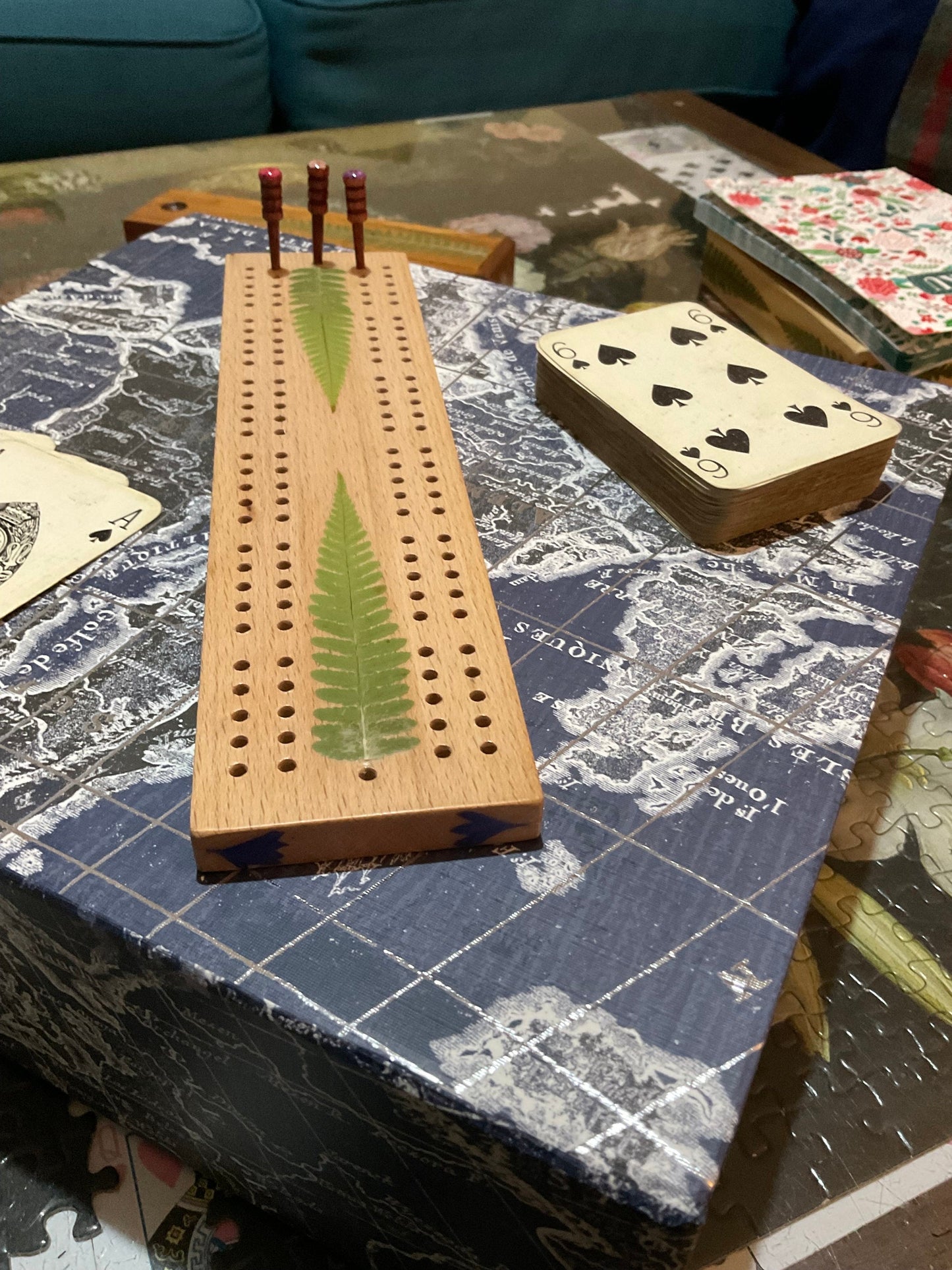 botanical Cribbage board, with real Fern leaves and blossom flowers shabby chic cottagecore goblincore unique nature handmade