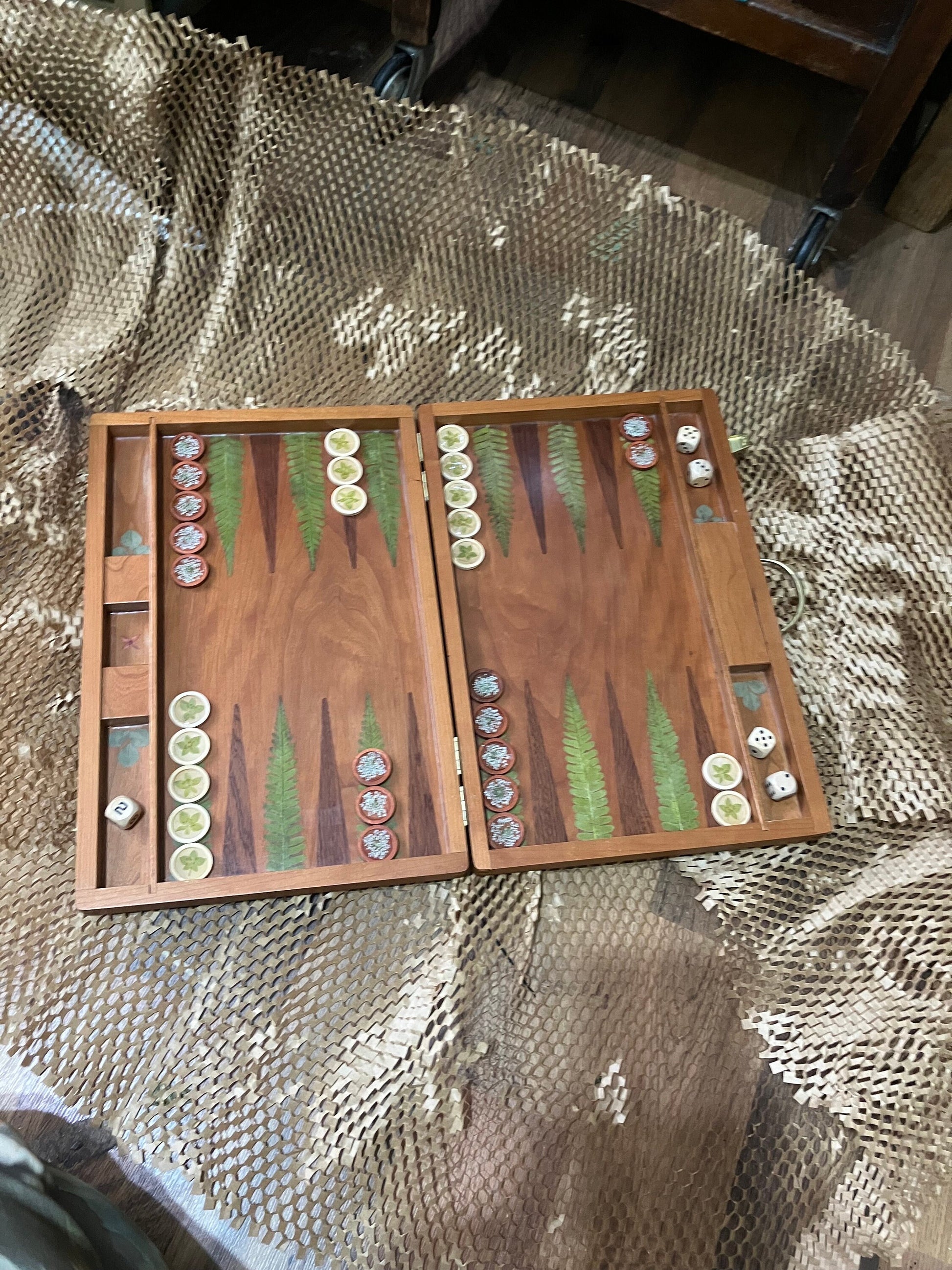 Handmade backgammon board, with pressed ferns leaves shabby chic cottagecore goblincore B grade unique nature board game marquetry