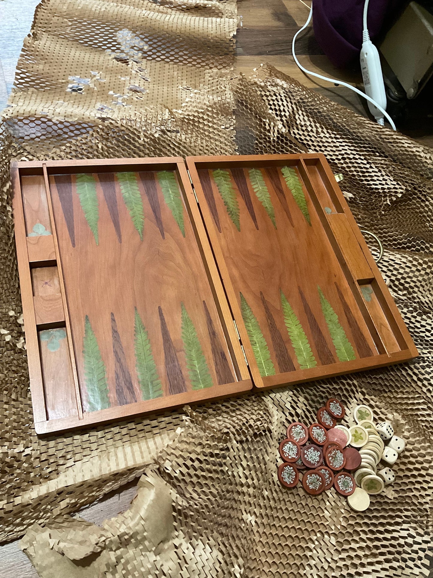 Handmade backgammon board, with pressed ferns leaves shabby chic cottagecore goblincore B grade unique nature board game marquetry