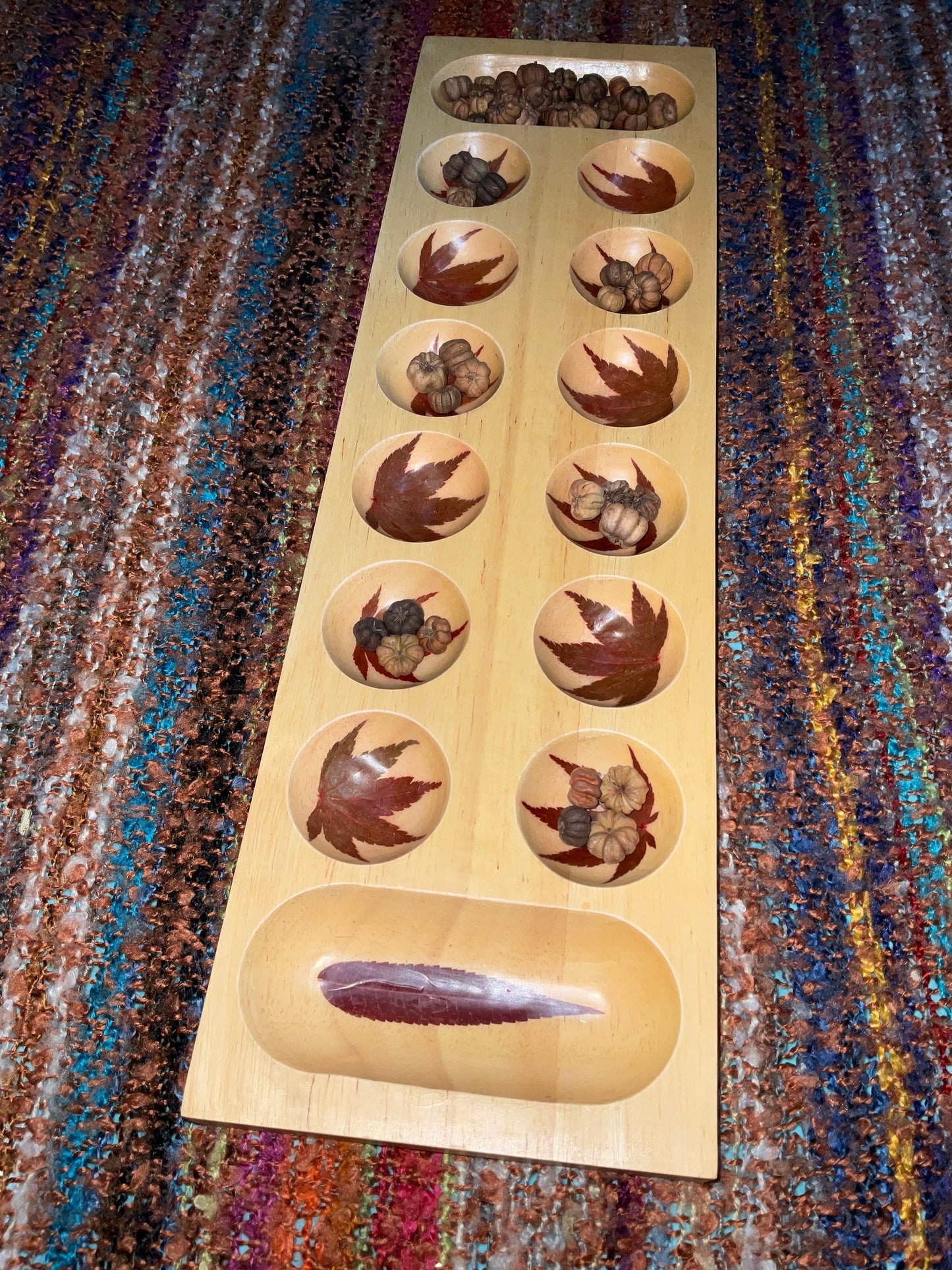 Handmade Mancala board, with real preserved Aster and sumac leaves, pumpkin pod counter B Grade cottagecore goblincore unique Canada gift