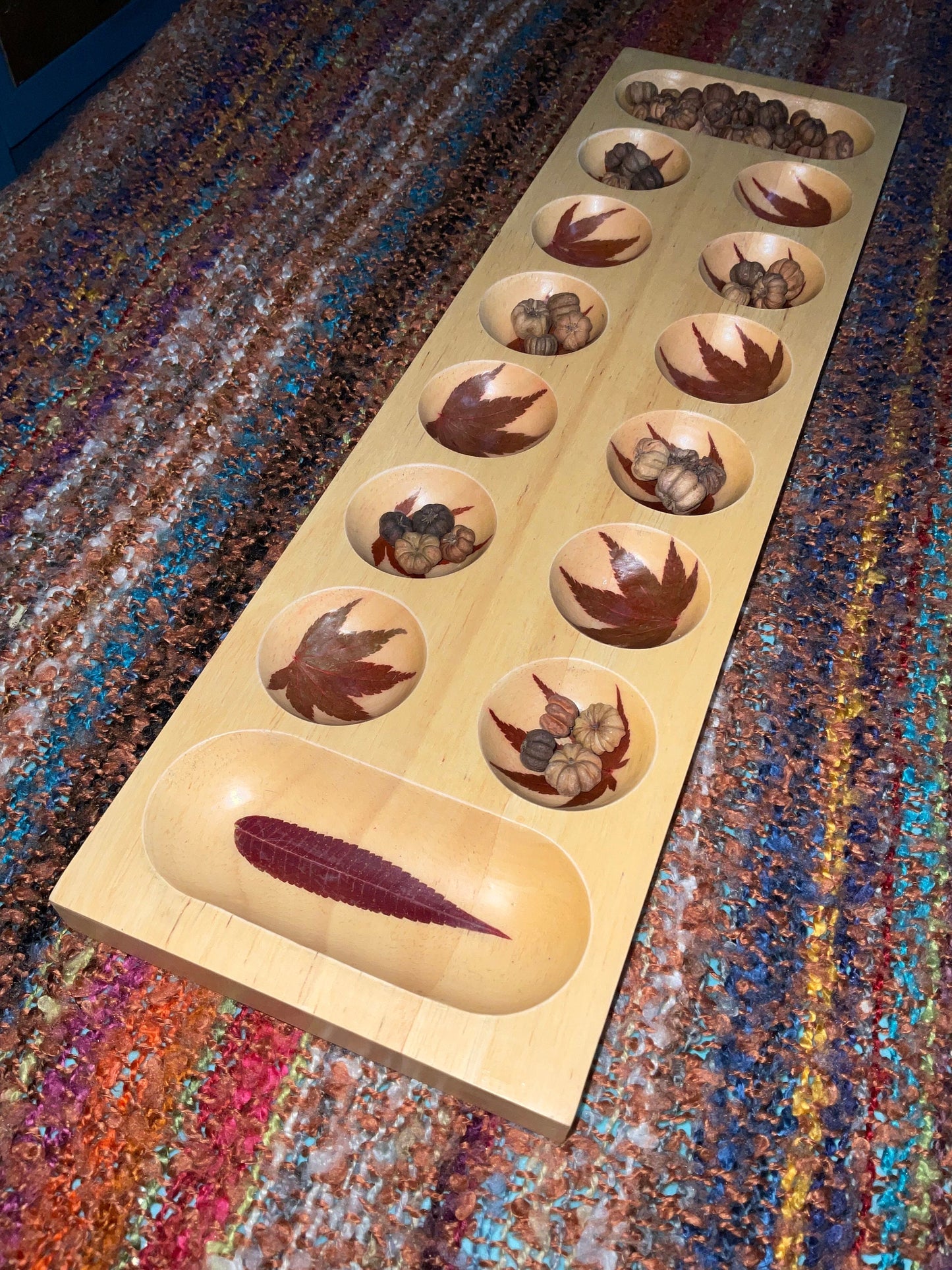 Handmade Mancala board, with real preserved Aster and sumac leaves, pumpkin pod counter B Grade cottagecore goblincore unique Canada gift