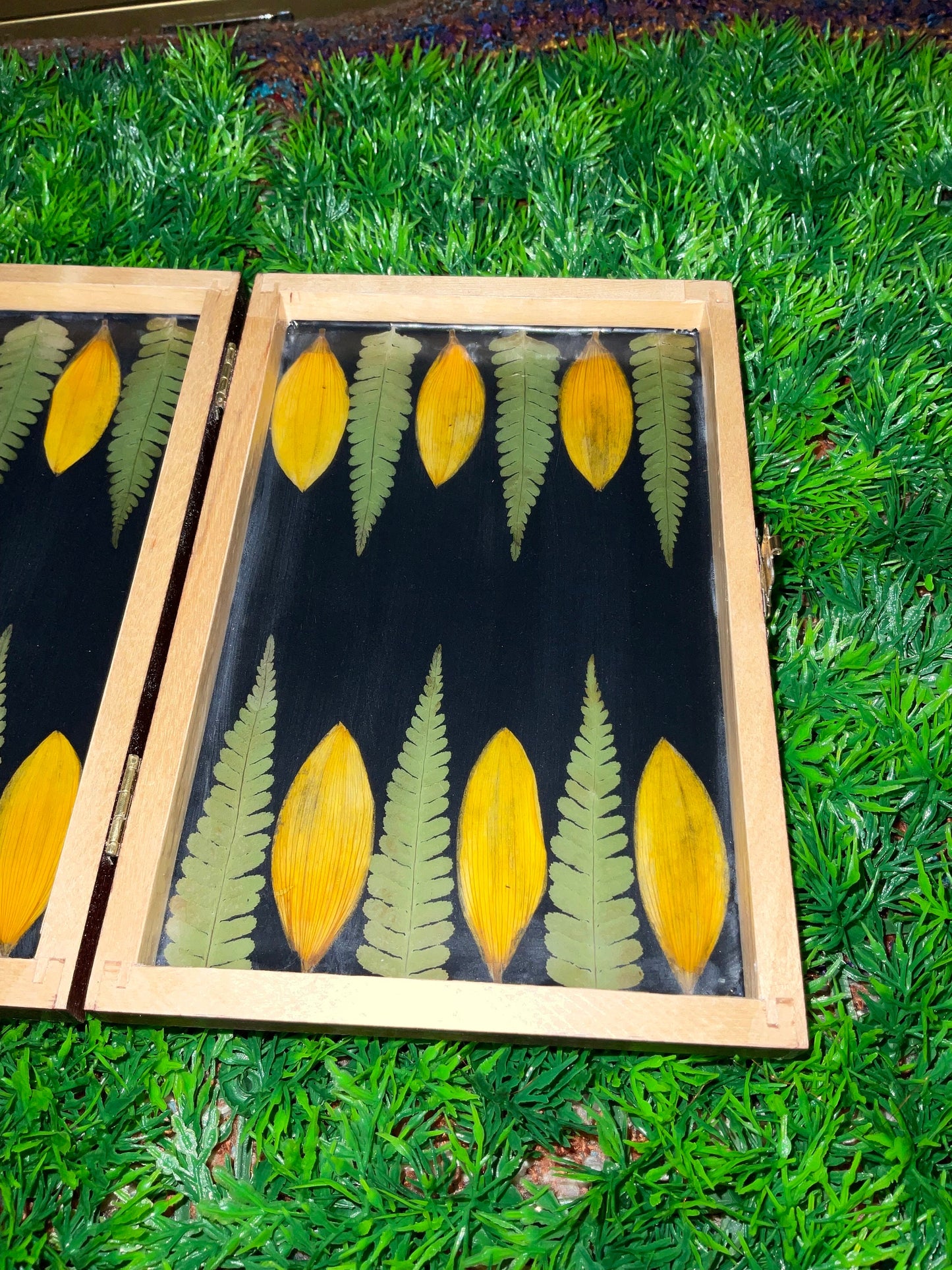 Travel size botanical backgammon board, with pressed fern leaves & Sunflower B grade tiny shabby chic cottagecore goblincore unique flower