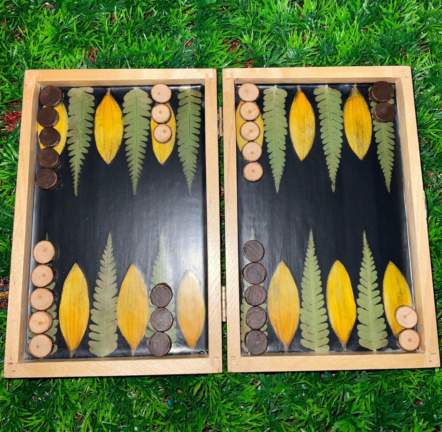 Travel size botanical backgammon board, with pressed fern leaves & Sunflower B grade tiny shabby chic cottagecore goblincore unique flower