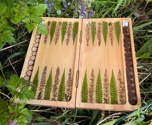 Botanical backgammon board pressed leaves (ferns & pink veronica flowers) - cottagecore goblincore unique art from nature