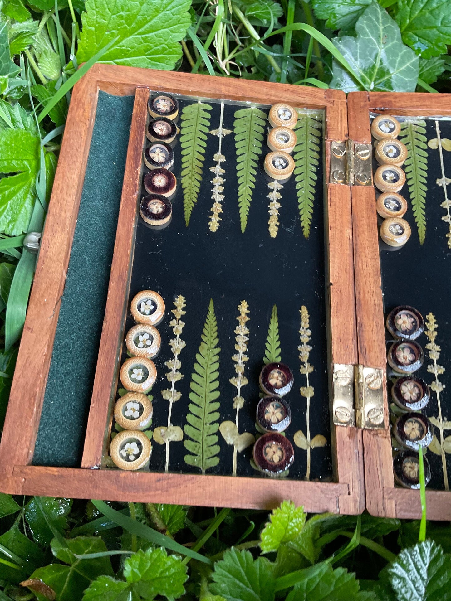 Travel size mini backgammon board, w pressed leaves includes ferns & lavender flowers, Herb shabby chic cottagecore goblincore unique nature