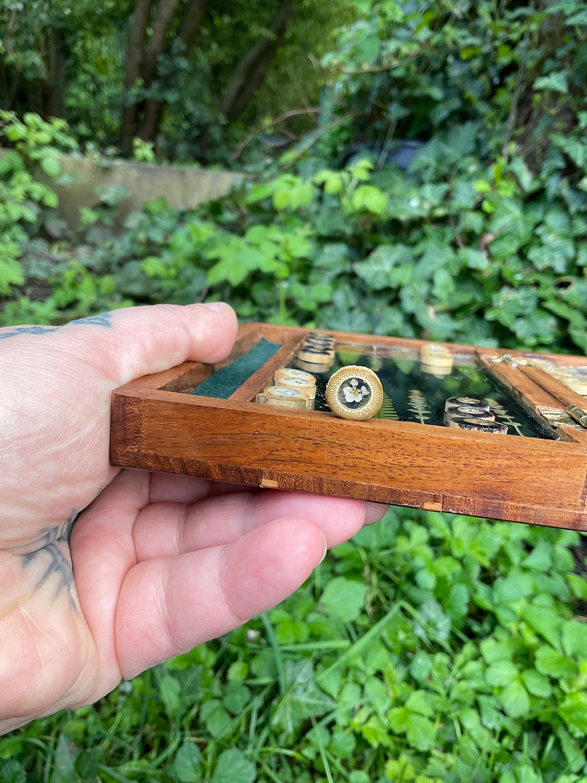 Travel size mini backgammon board, w pressed leaves includes ferns & lavender flowers, Herb shabby chic cottagecore goblincore unique nature