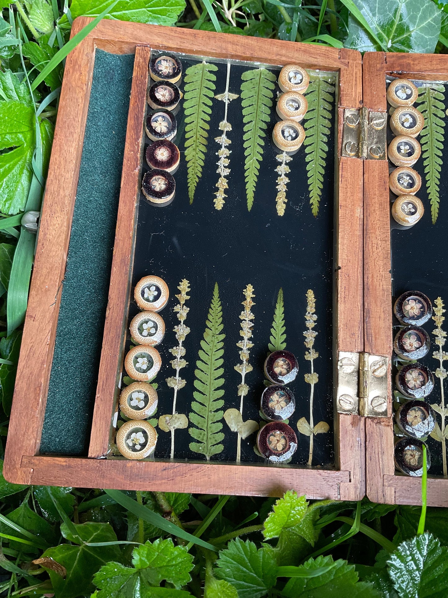 Travel size mini backgammon board, w pressed leaves includes ferns & lavender flowers, Herb shabby chic cottagecore goblincore unique nature