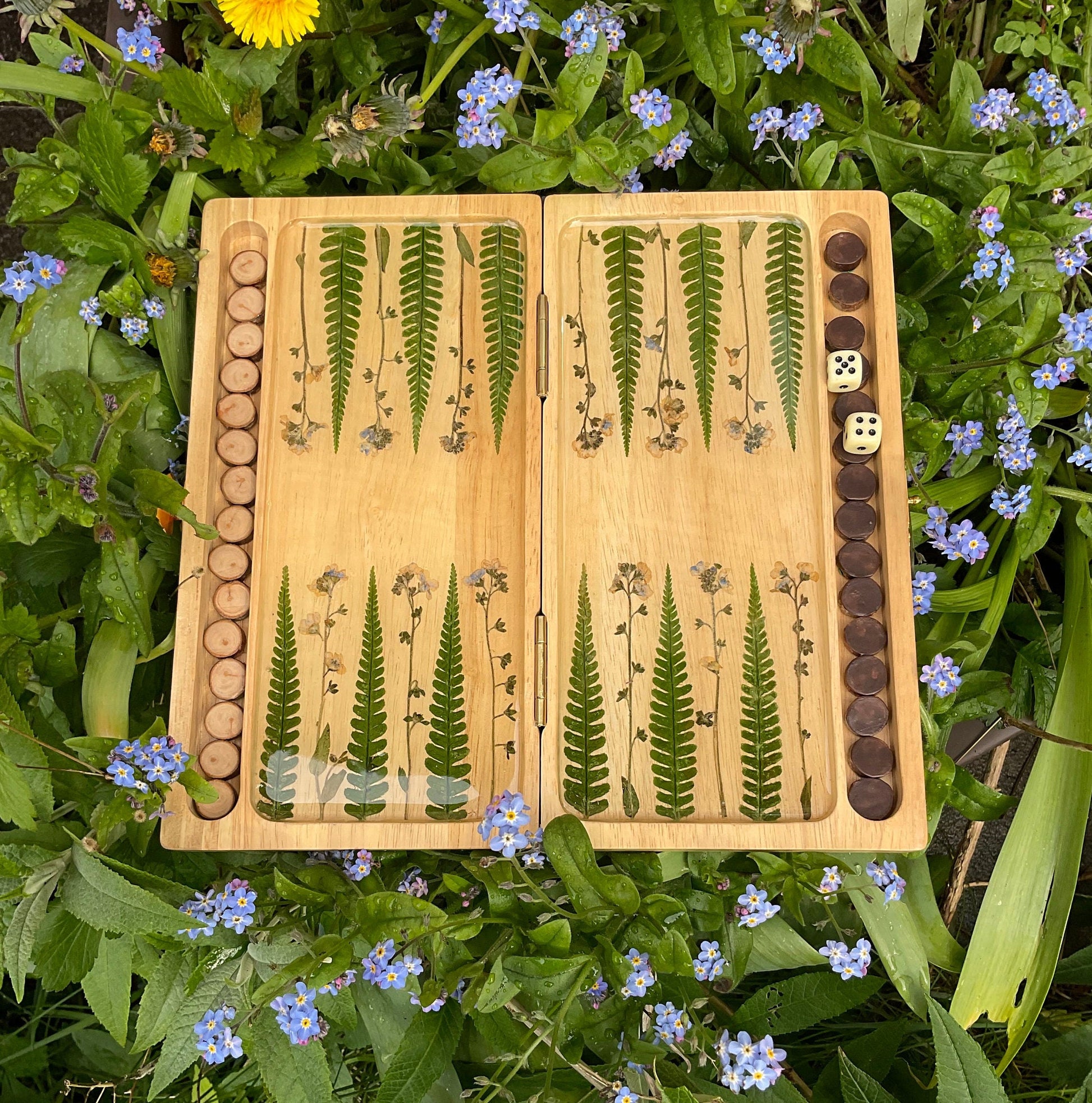 Preserved flower backgammon board, with pressed leaves including ferns and forget me not, shabby chic cottagecore goblincore unique nature