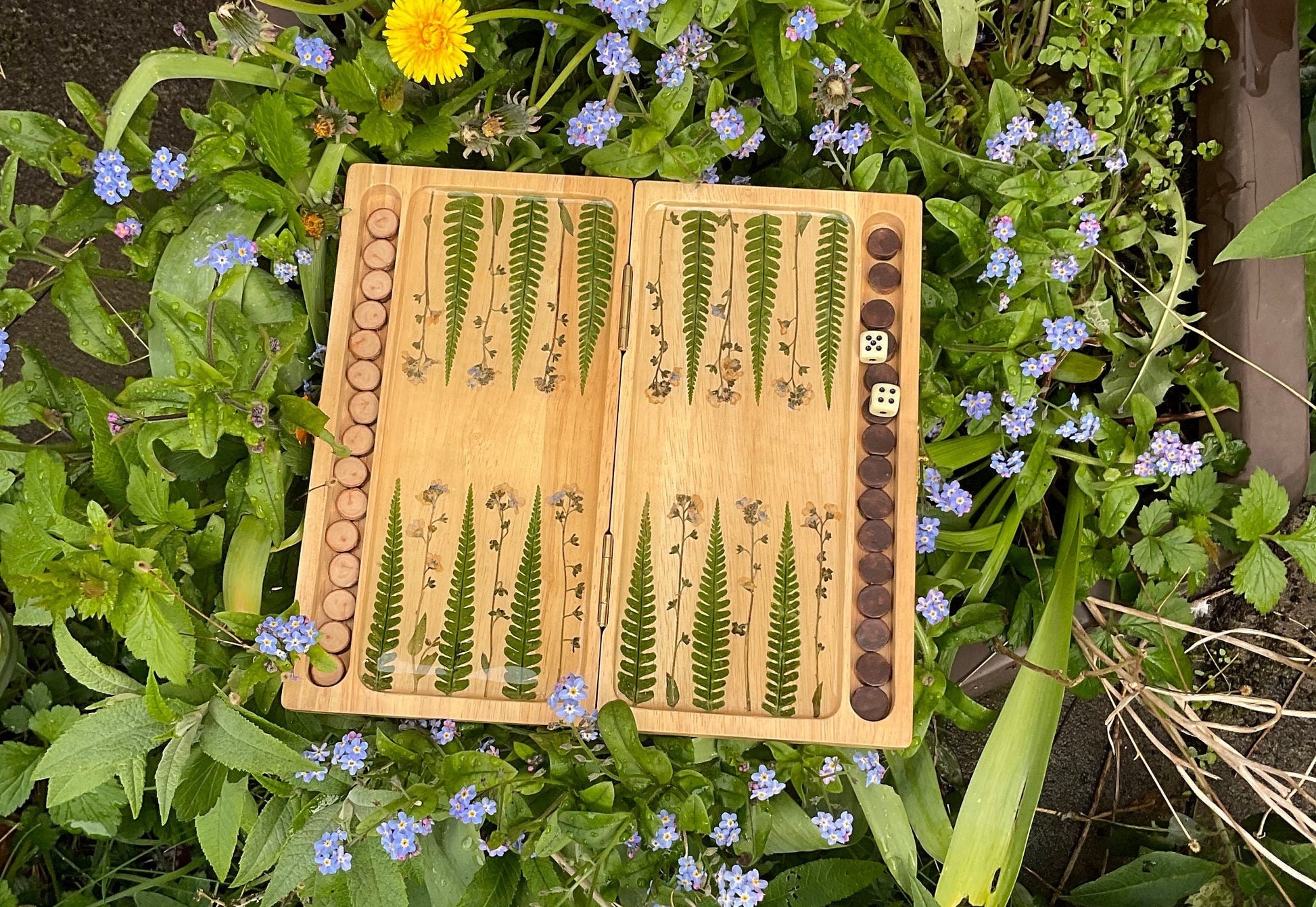 Preserved flower backgammon board, with pressed leaves including ferns and forget me not, shabby chic cottagecore goblincore unique nature