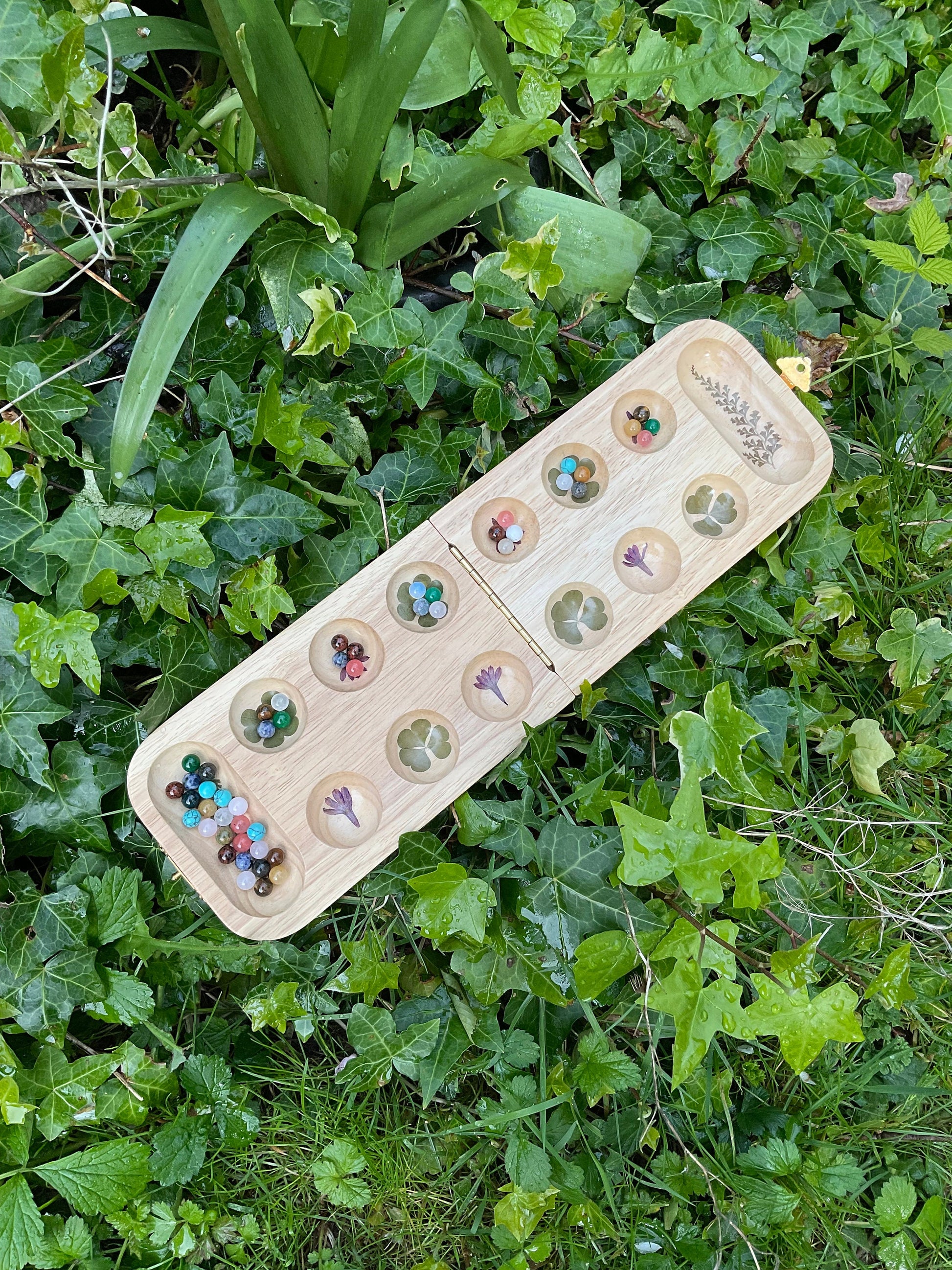 Handmade Mancala board, with campanula flowers and clover and carrot leaves, gemstone counter cottagecore goblincore unique nature game