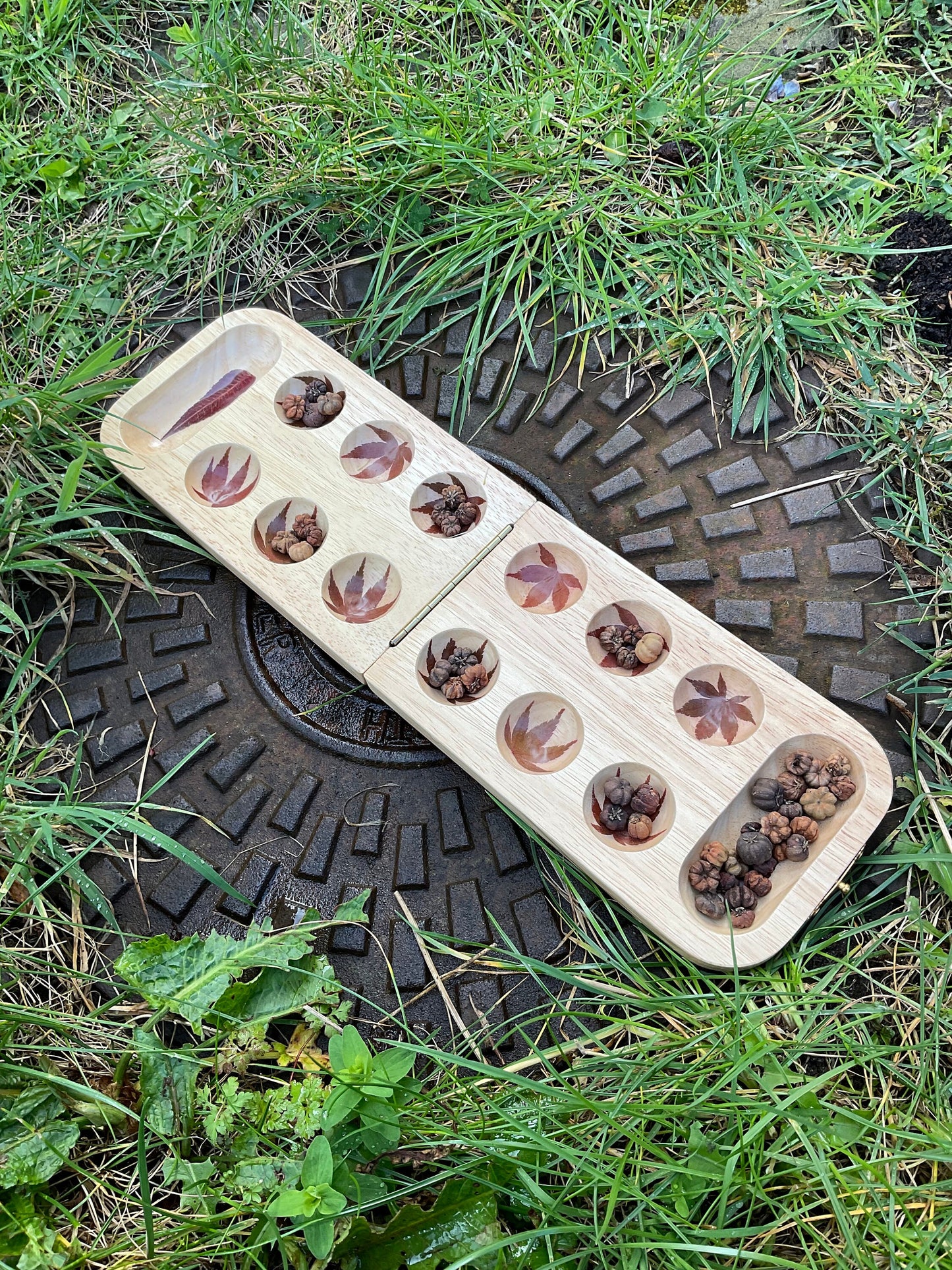 Handmade folding Mancala board, with real Aster and torch leaves maple leaf shabby chic cottagecore goblincore nature handmade boardgame