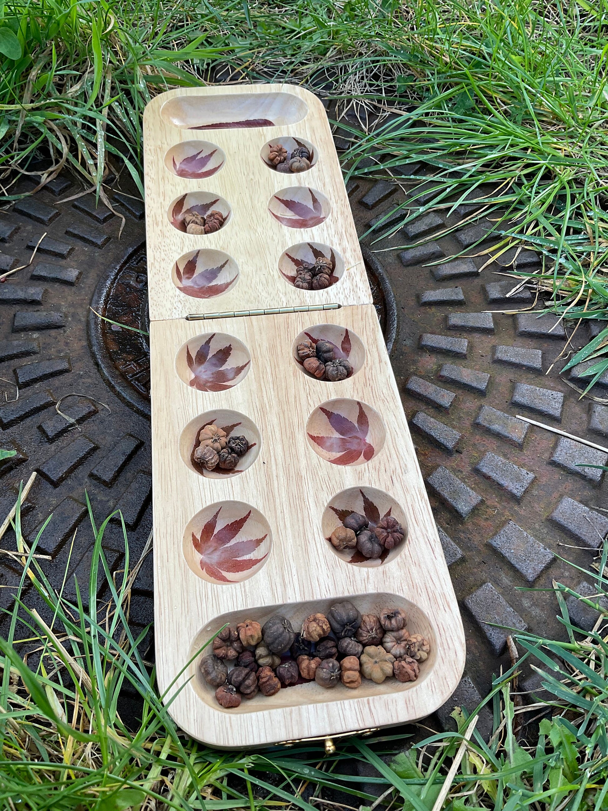 Handmade folding Mancala board, with real Aster and torch leaves maple leaf shabby chic cottagecore goblincore nature handmade boardgame